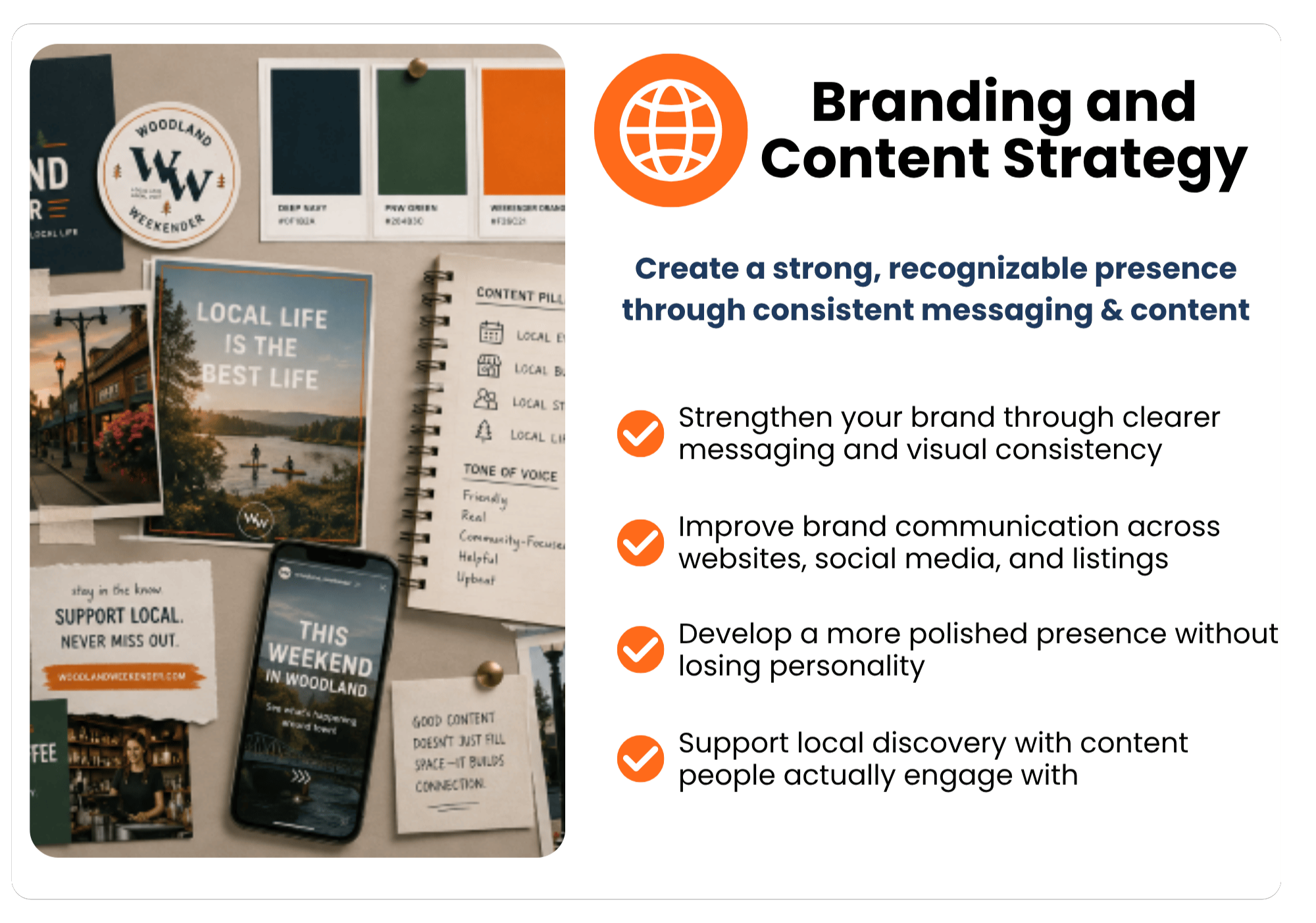 igital advertisement for branding and content strategy. The text emphasizes creating a strong, recognizable presence through consistent messaging, visual identity, and engaging content, with checkmarks highlighting key benefits via Launch Woodland