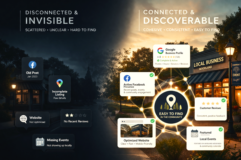 The cost of scattered, unclear online presence that is disconnected and invisible. Versus cohesive, consistent, and easy-to-find community engagement online working with Launch Woodland