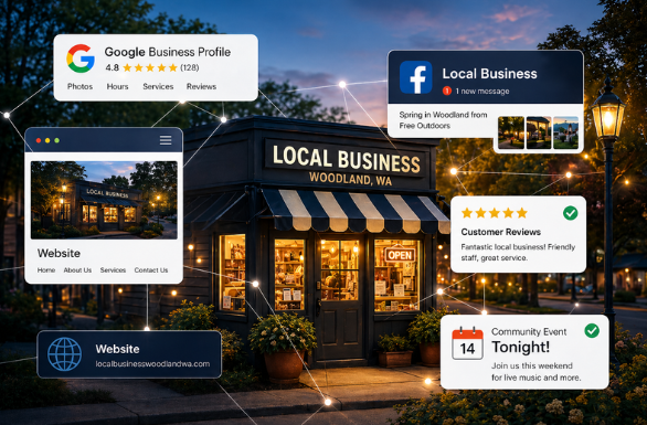 Digital overlay of social media and review icons around a storefront for a local business in Woodland, Washington, during evening with street lamps on. launch woodland