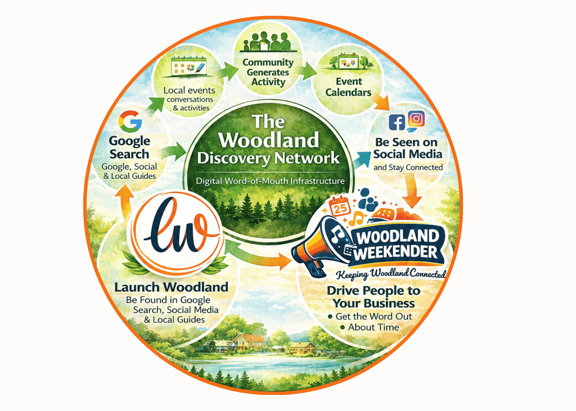 Diagram illustrating the process to launch a woodland business, including steps like utilizing Google Search, developing a woodland discovery network, engaging community activities, using event calendars, and promoting on social media, with a focus on staying connected and driving business growth.