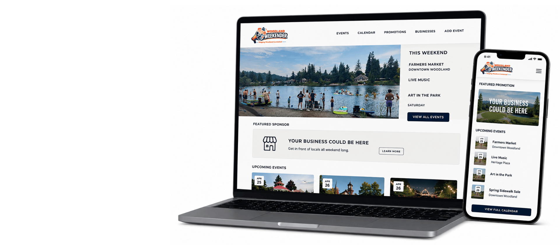 Open laptop and smartphone displaying the Woodland Weekender event website, featuring a lake scene with people enjoying outdoor activities, and event details listed.