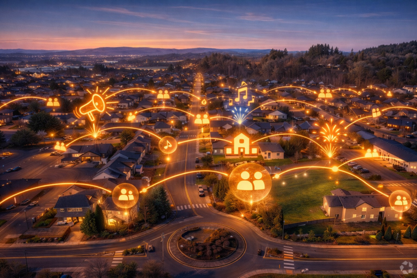 Woodland, Wa showing connectivity, communication, social networks, music, and the internet overlaying the houses, streets, and landscape.