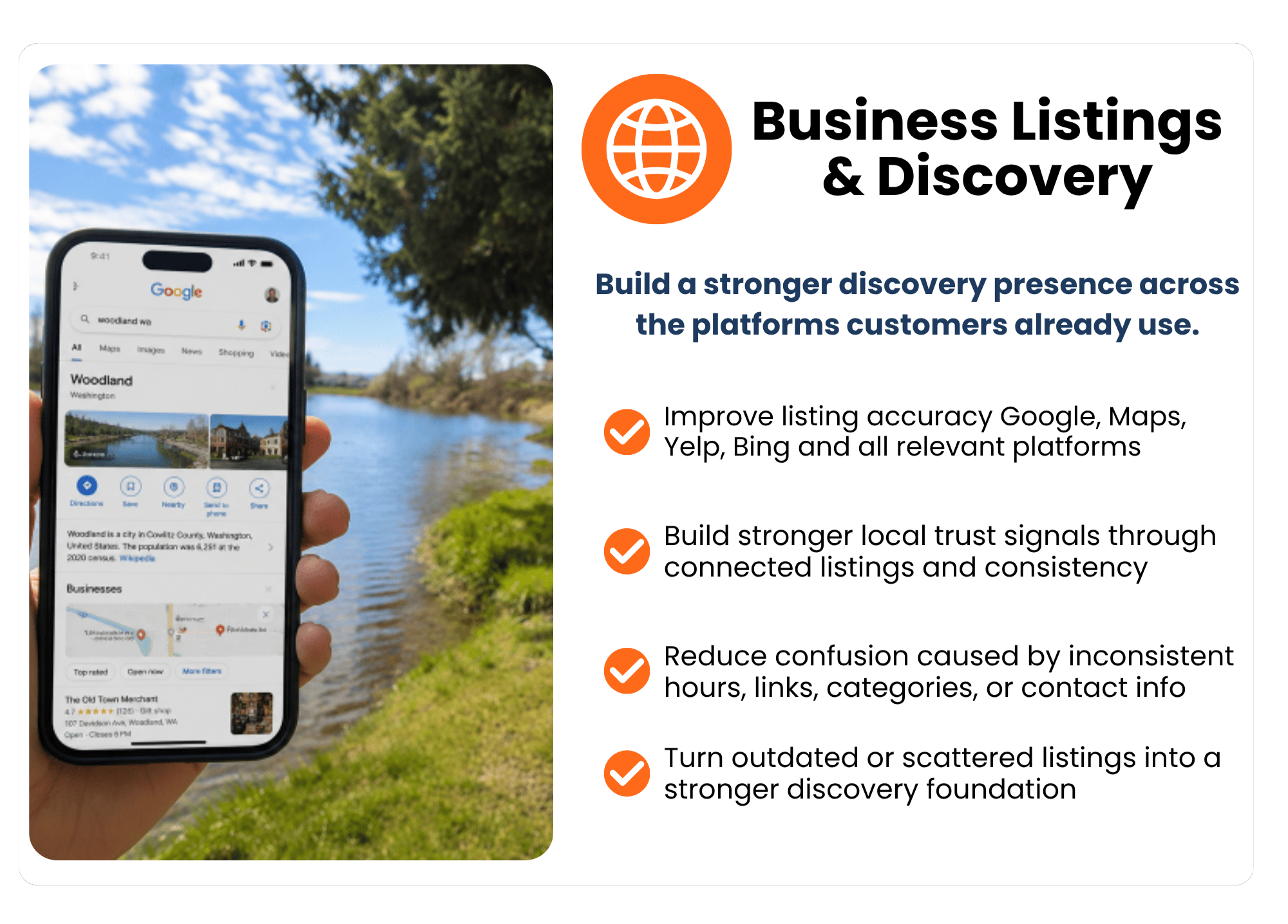 Digital Discovery via mobile search with results for Woodland, Washington on Google, with various business listings. Optimizing with Launch Woodland