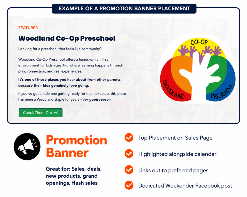 Promotional banner for Woodland Co-Op Preschool, with a colorful circular logo featuring kids hand print' and a section advertising Woodland Weekender promotion banner for sales, deals, new products, and flash sales
