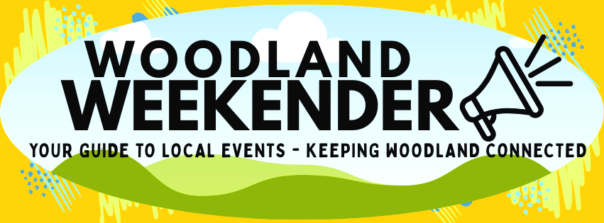 Bright promotional graphic for Woodland Weekend event, featuring a megaphone icon, green hills, and bold black text that reads 'Woodland Weekendder,' along with a tagline about local events and keeping Woodland connected.