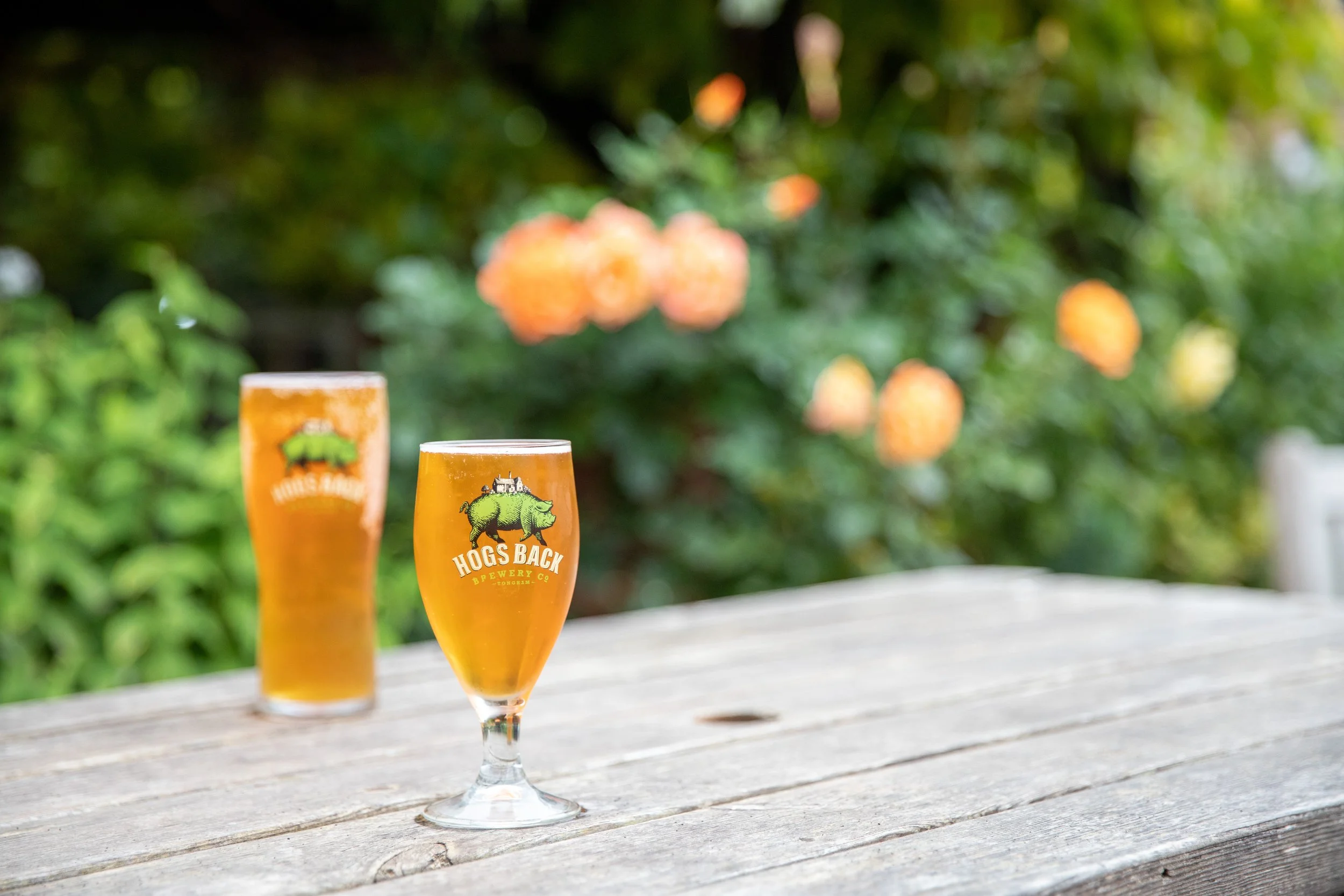 Two glasses of beer on a wooden table outdoors, with a blurry green and orange background.