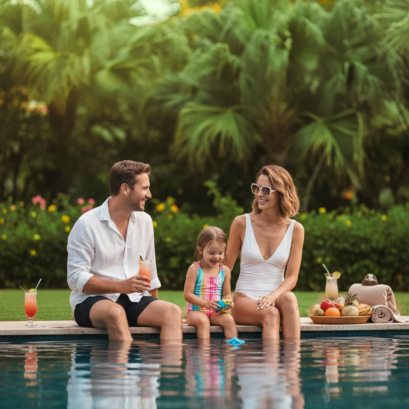 A smiling family of three sitting on the edge of a luxury pool in a tropical garden, enjoying refreshing cocktails and nature.