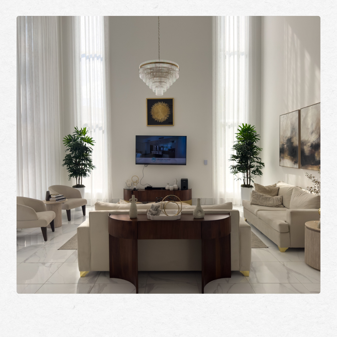 Modern and spacious open-concept living area in a luxury Caribbean villa.