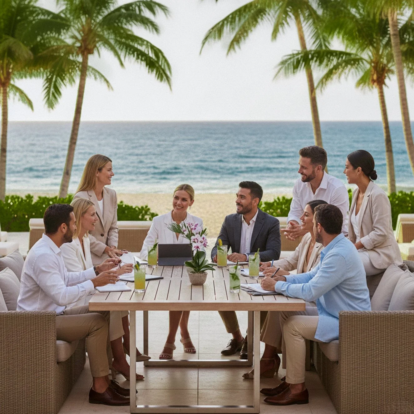 group of professionals in business having a meeting at a large wooden table on an outdoor terrace overlooking the ocean.