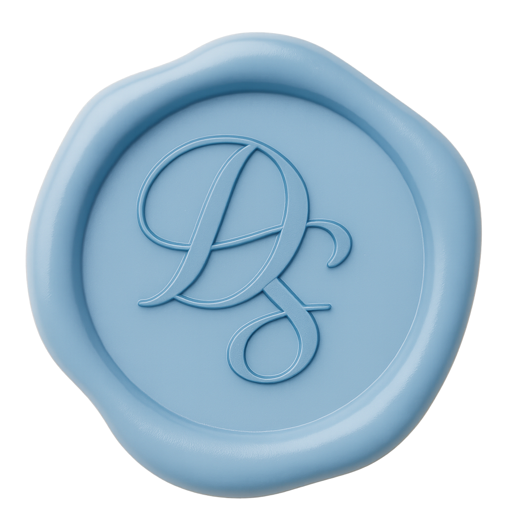 Blue wax seal featuring an embossed monogram with intertwined letters 'D' and 'S'.