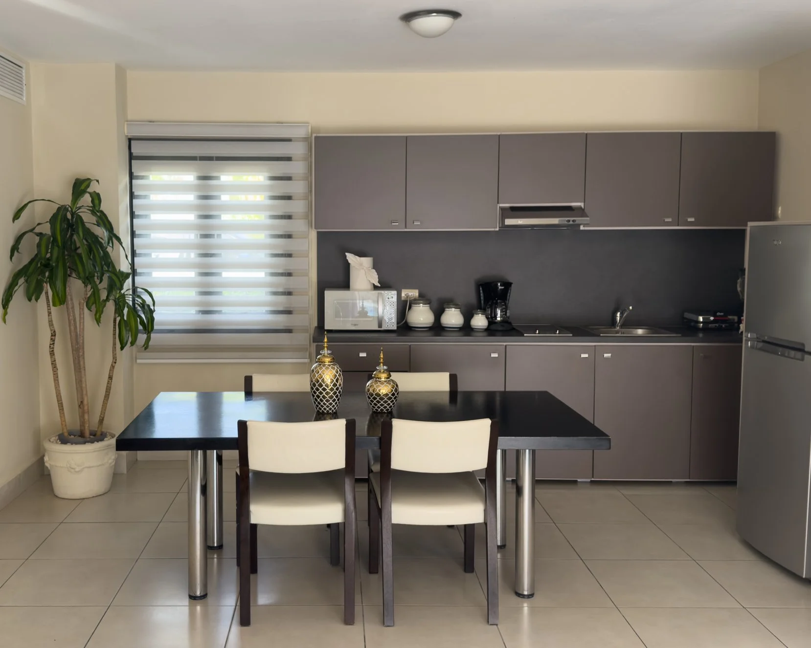 Contemporary dining area with minimalist decor and fully equipped kitchen area.