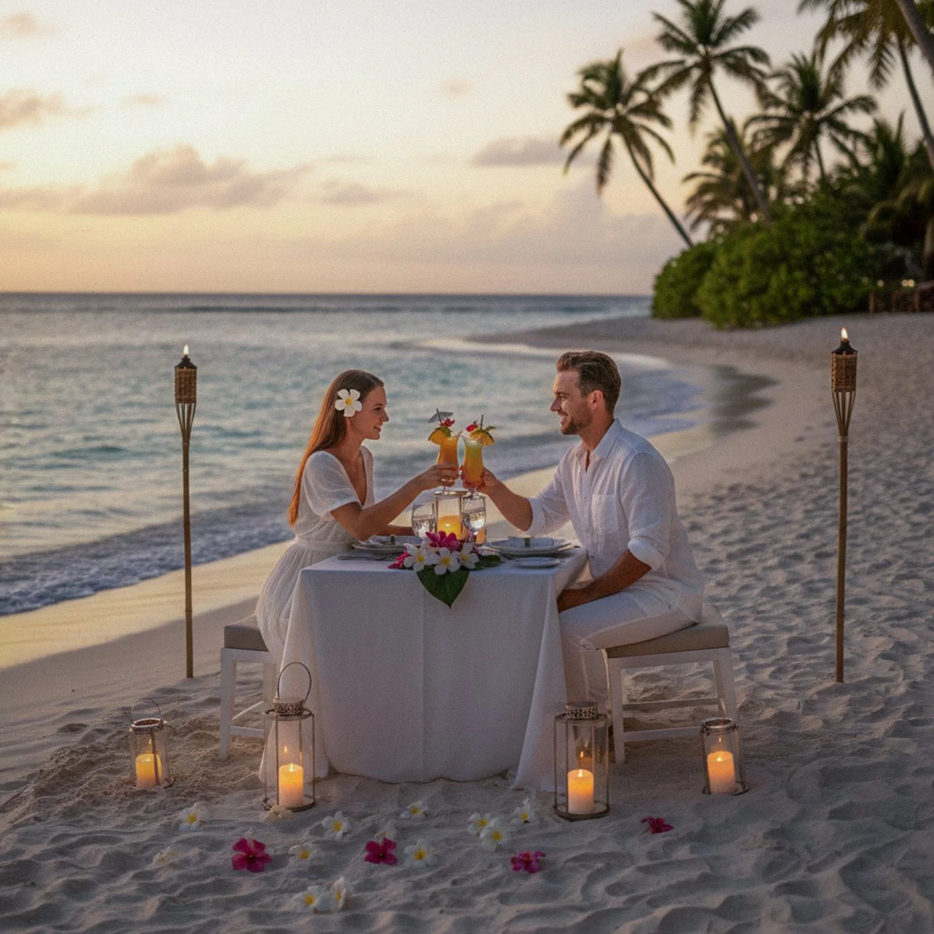 A couple enjoying a private candlelit dinner on a white sand beach at sunset, surrounded by tiki torches and palm trees.