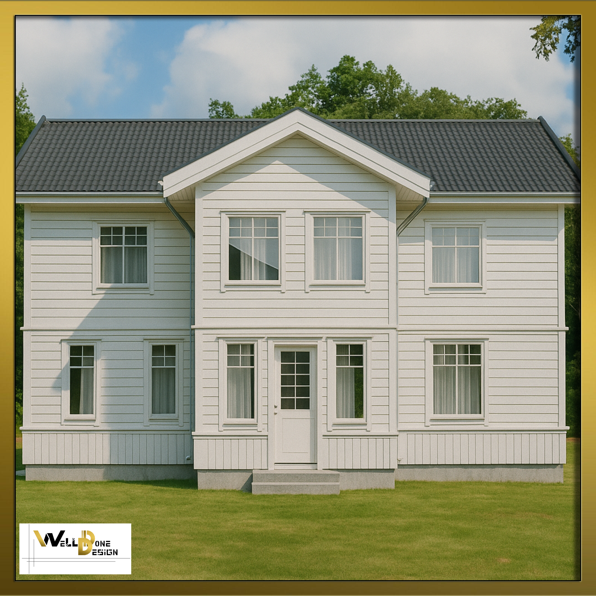 Concept 3D de maison familiale blanche traditionnelle avec toiture noire et façade symétrique – visualisation pour projet à Bordeaux et alentours par WellDoneDesign