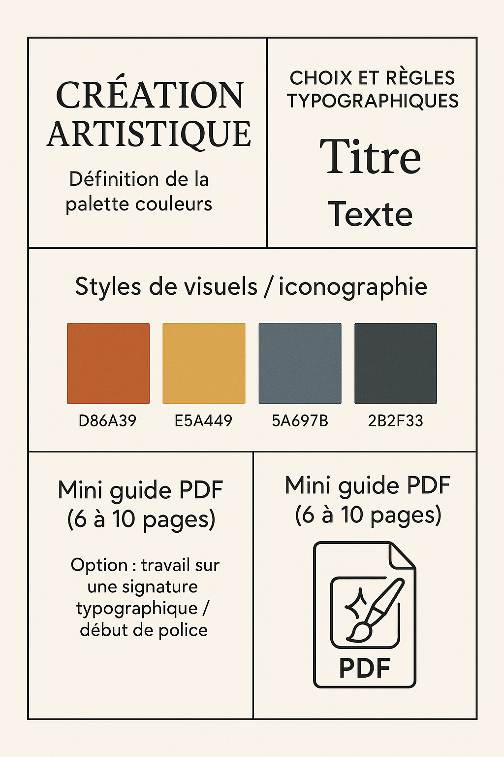 Guide création artistique – palette, styles visuels et typographie