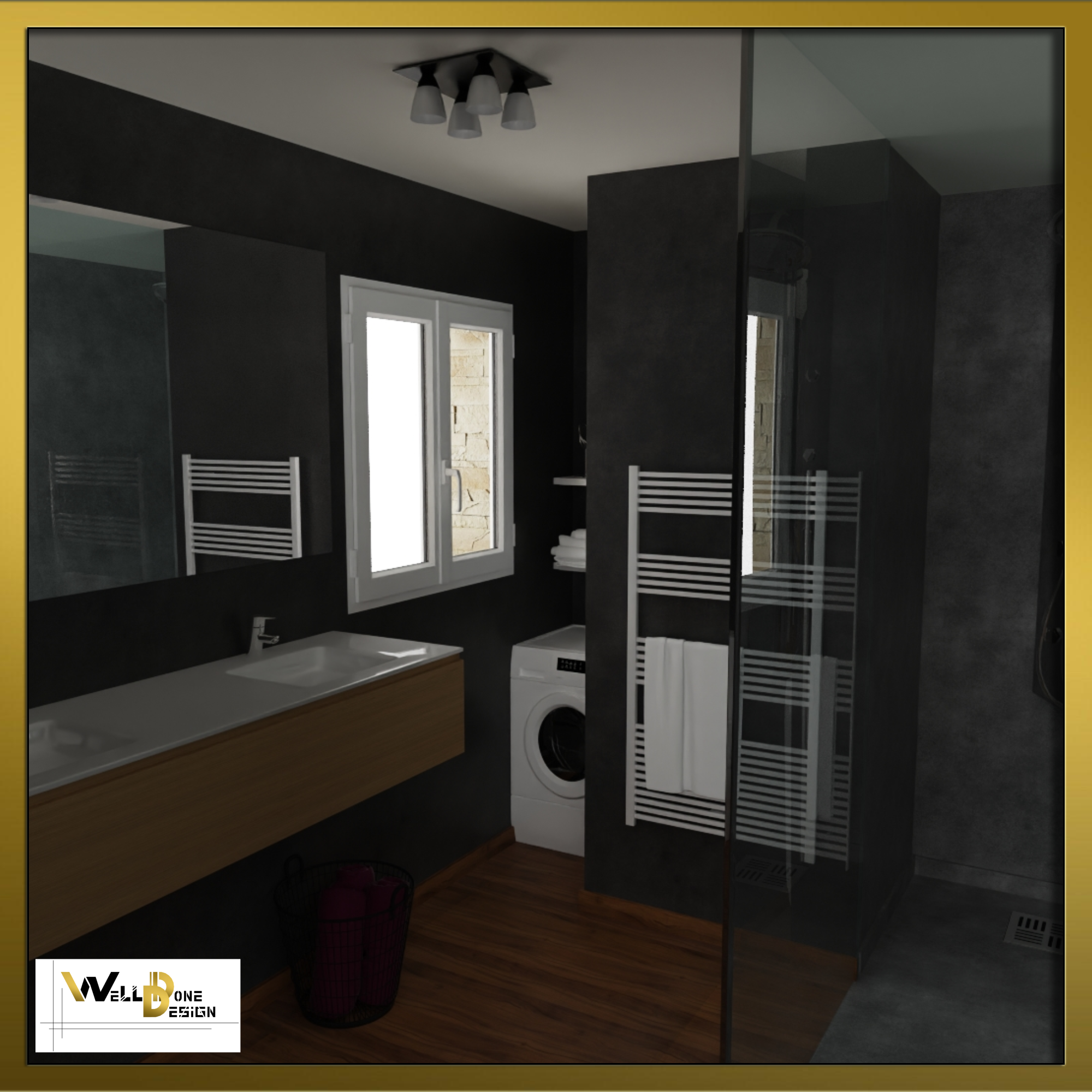 Rénovation réelle salle de bain à Lormont (Bordeaux) : béton ciré noir, douche italienne et meuble bois par WellDoneDesign