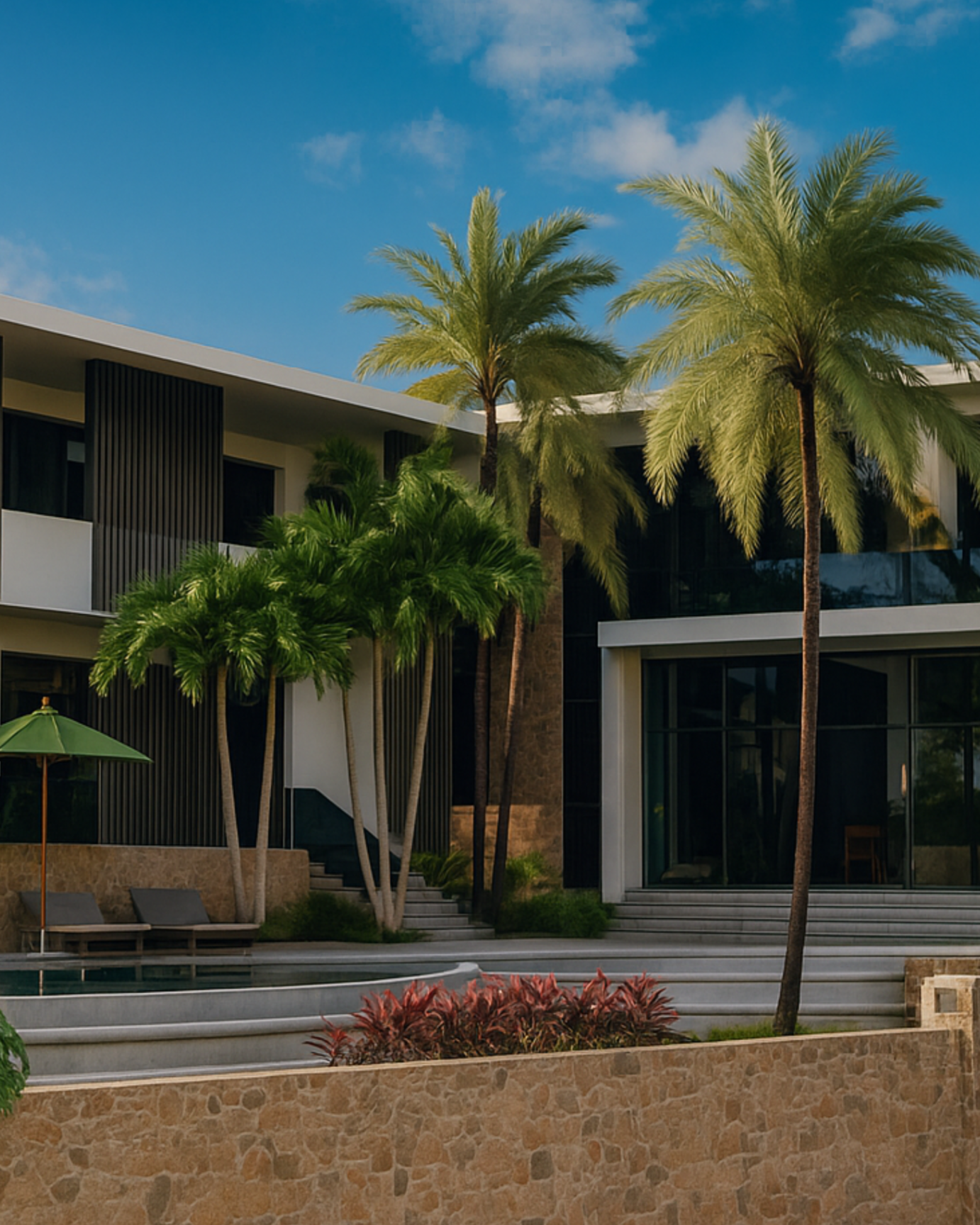 Rendu 3D extérieur maison – jardin, piscine et perspective