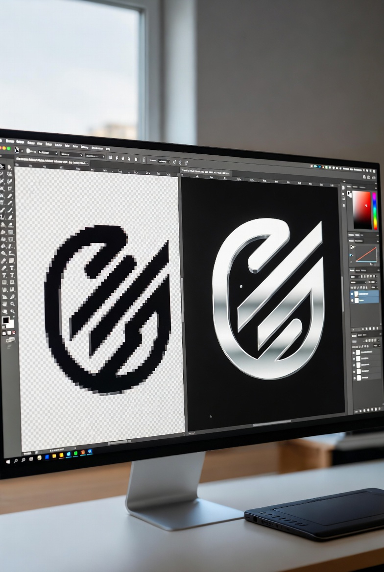 Écran logiciel design lors de la création et modification d'un logo graphique en noir, blanc et gris – Service création logo sur-mesure Well Done Design à Bordeaux, Mérignac et métropole