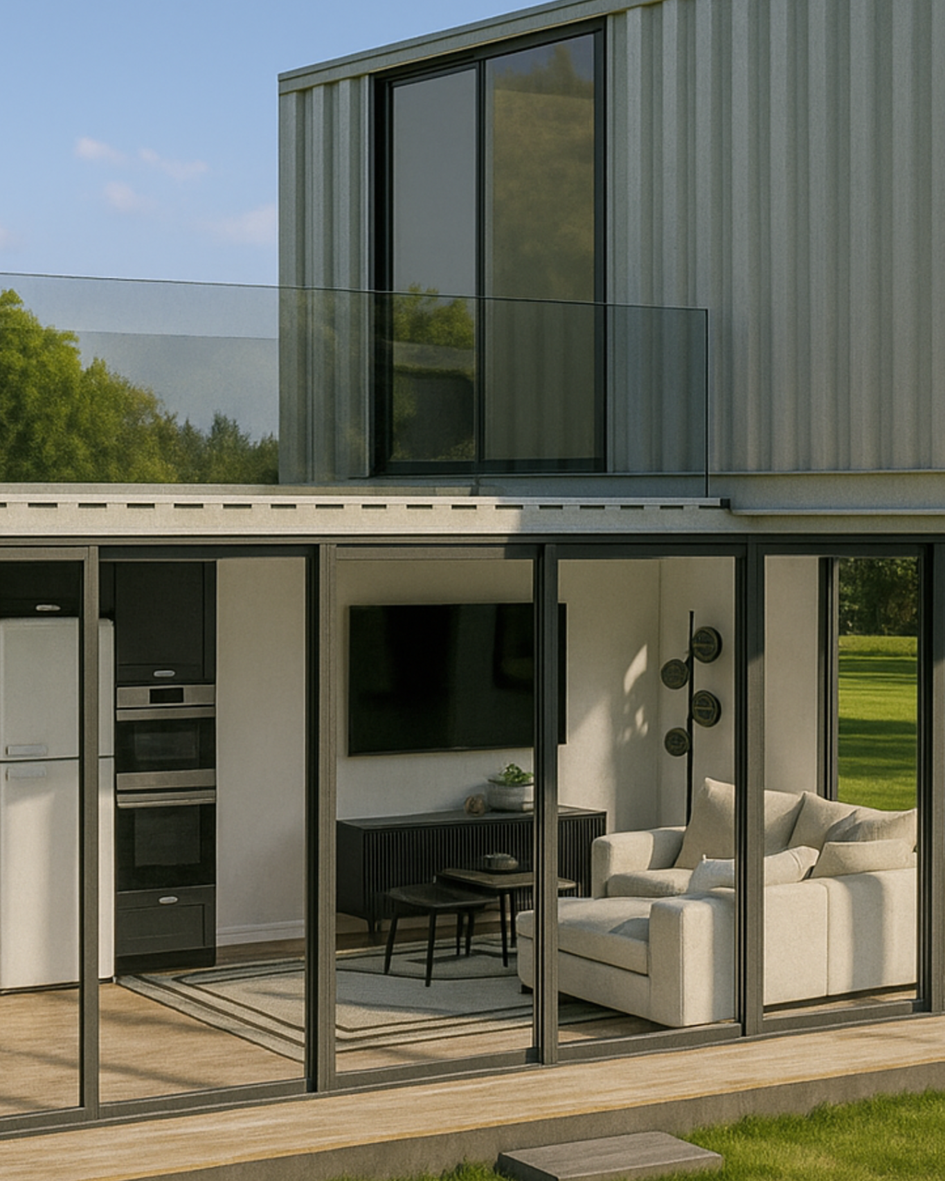 Rendu 3D salon et cuisine – vue sur extérieur verdoyant