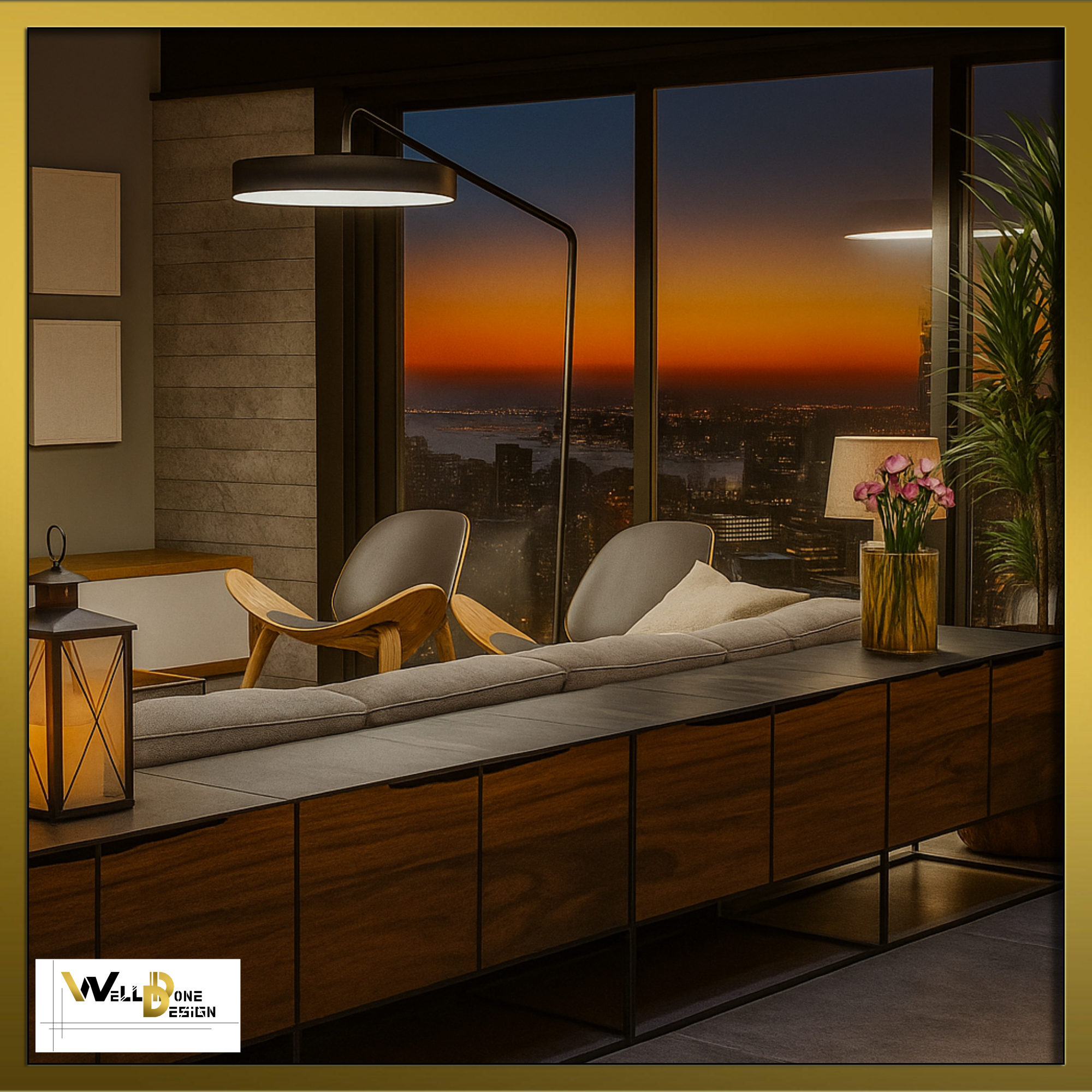 Concept 3D de salon moderne avec vue panoramique coucher de soleil urbain – intérieur cosy à Bordeaux et alentours par WellDoneDesign
