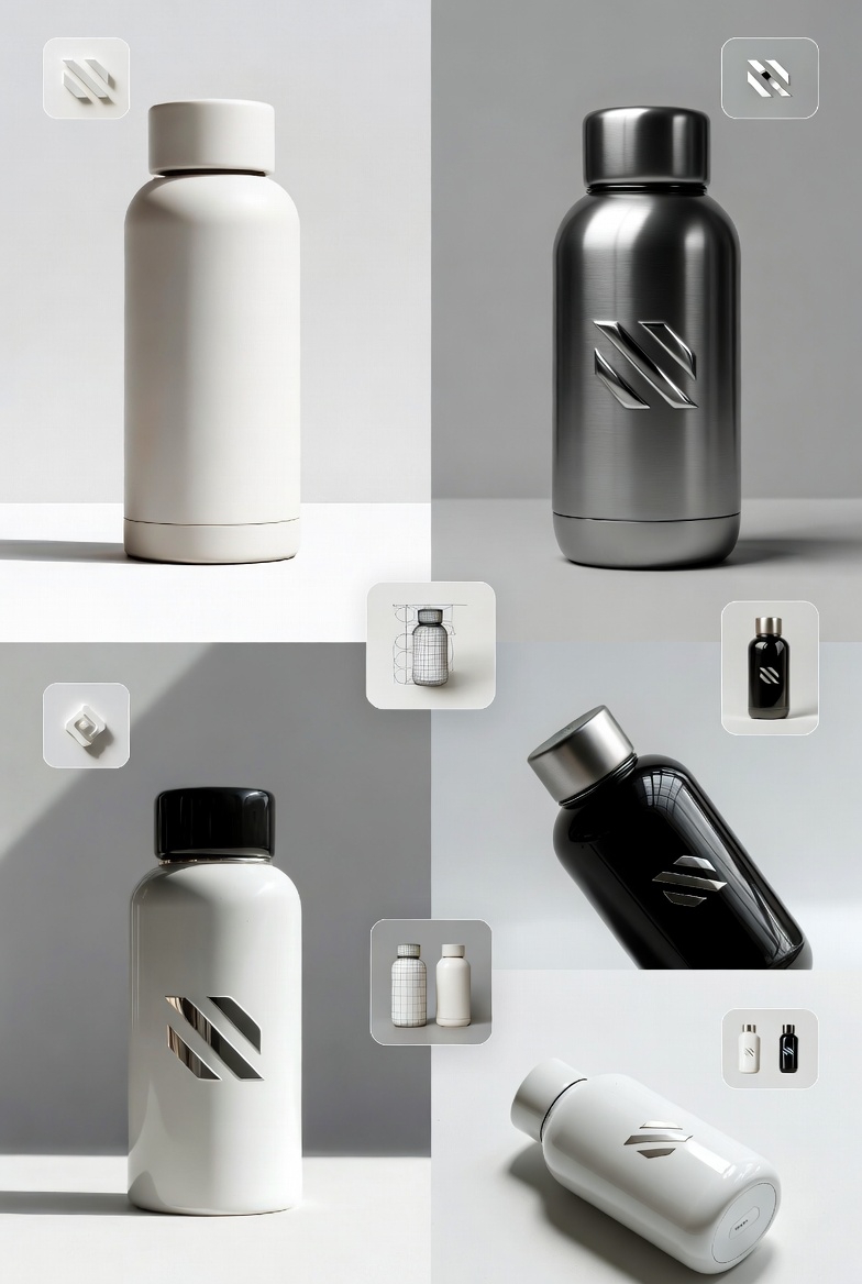 Rendu 3D photoréaliste de gourdes thermos design avec logo personnalisé – Expertise Well Done Design à Bordeaux et Mérignac