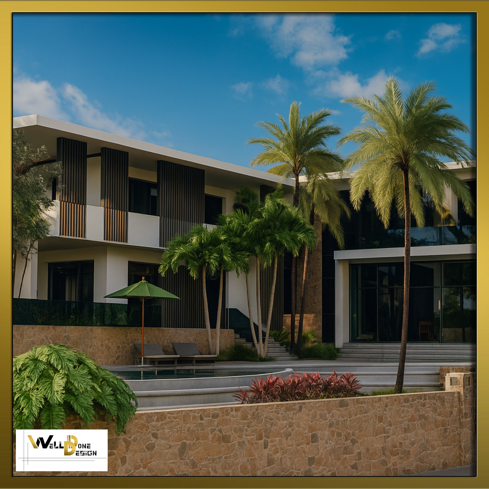 Concept 3D de villa luxueuse tropicale avec piscine et palmiers – visualisation projet haut de gamme à Bordeaux et alentours par WellDoneDesign