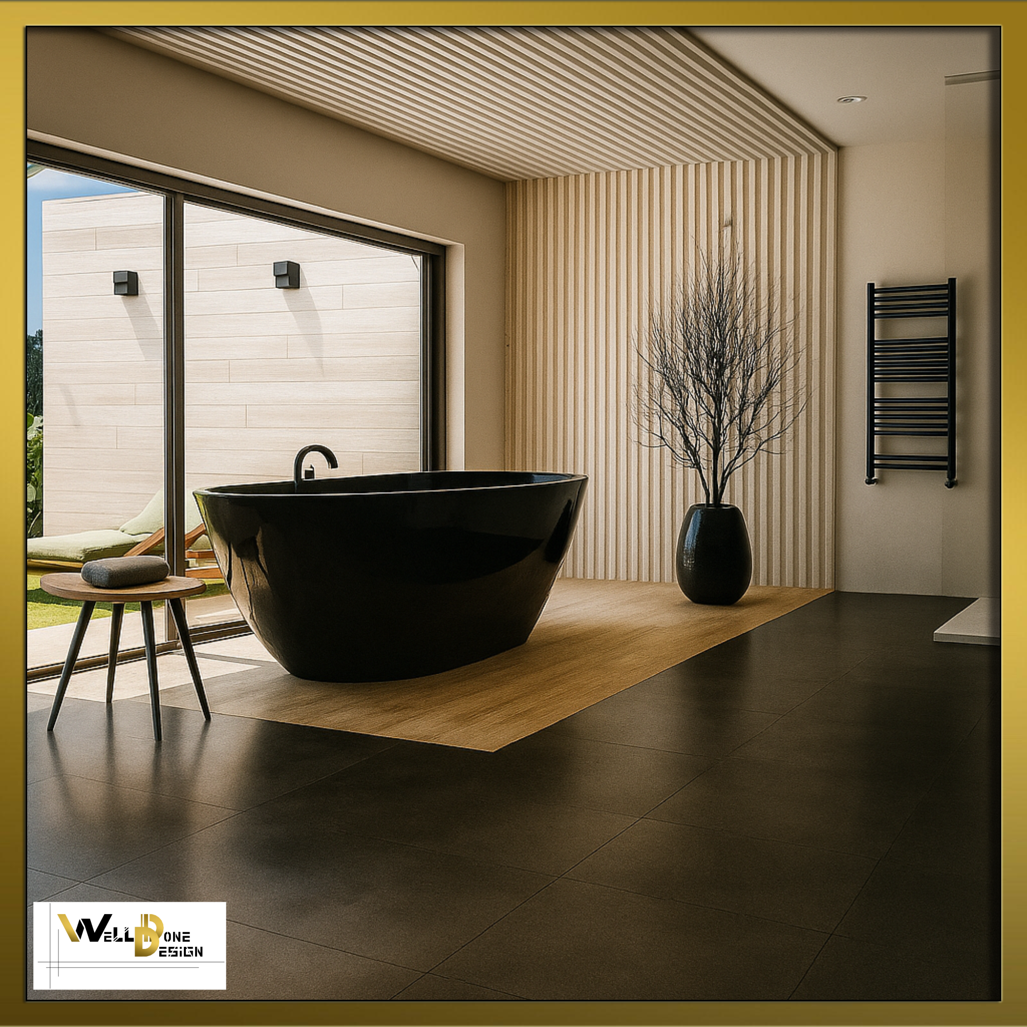 Concept 3D de salle de bain spa avec baignoire noire ovale et ouverture jardin – visualisation à Bordeaux et alentours par WellDoneDesign