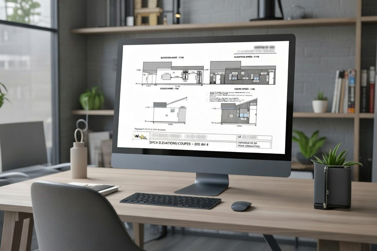 Bureau moderne avec écran affichant plans architecturaux détaillés, plantes vertes et décor pro – Well Done Design Mérignac, Bordeaux Métropole