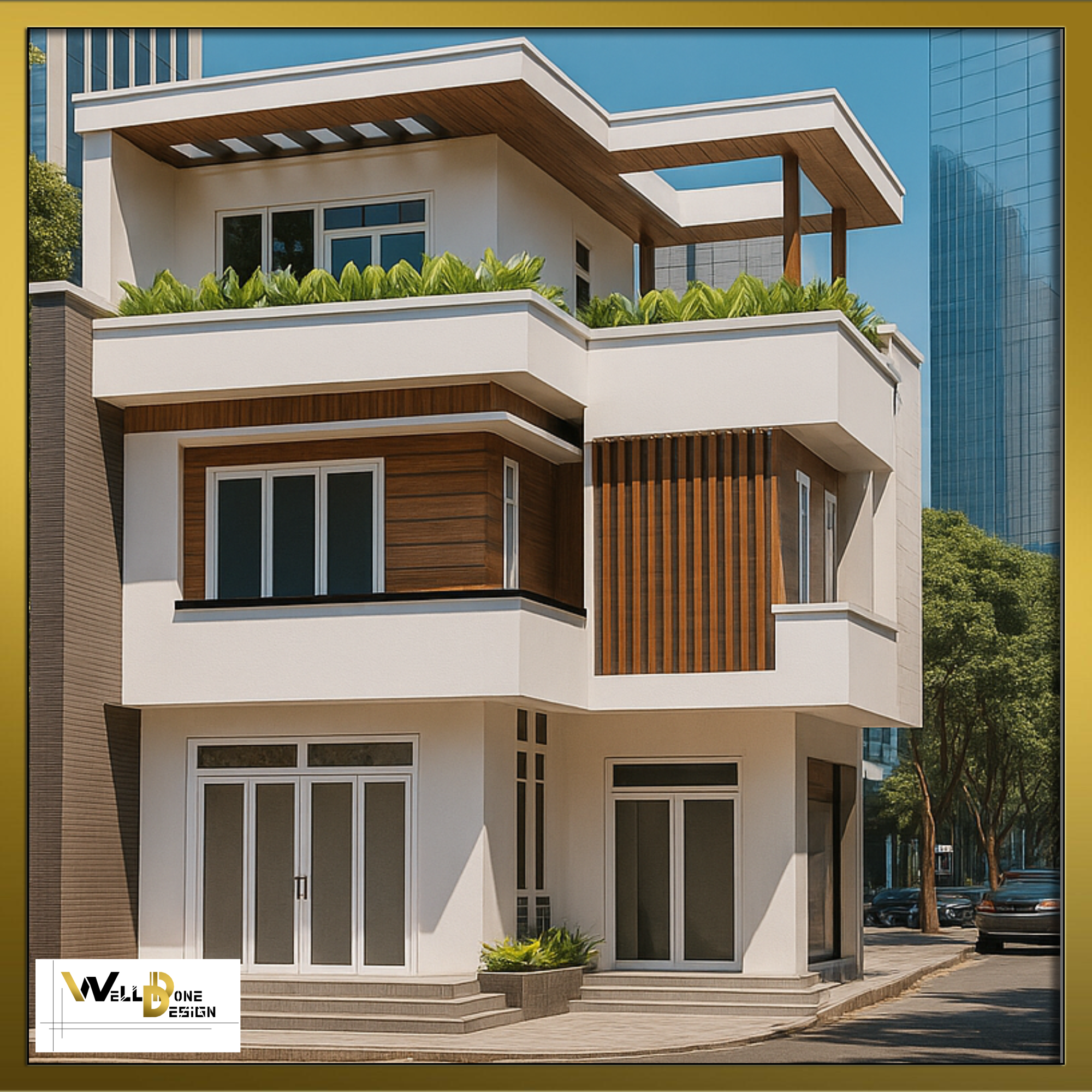 Concept 3D d'immeuble contemporain blanc et bois avec toits végétalisés et balcons décalés – visualisation pour projet à Bordeaux et alentours par WellDoneDesign