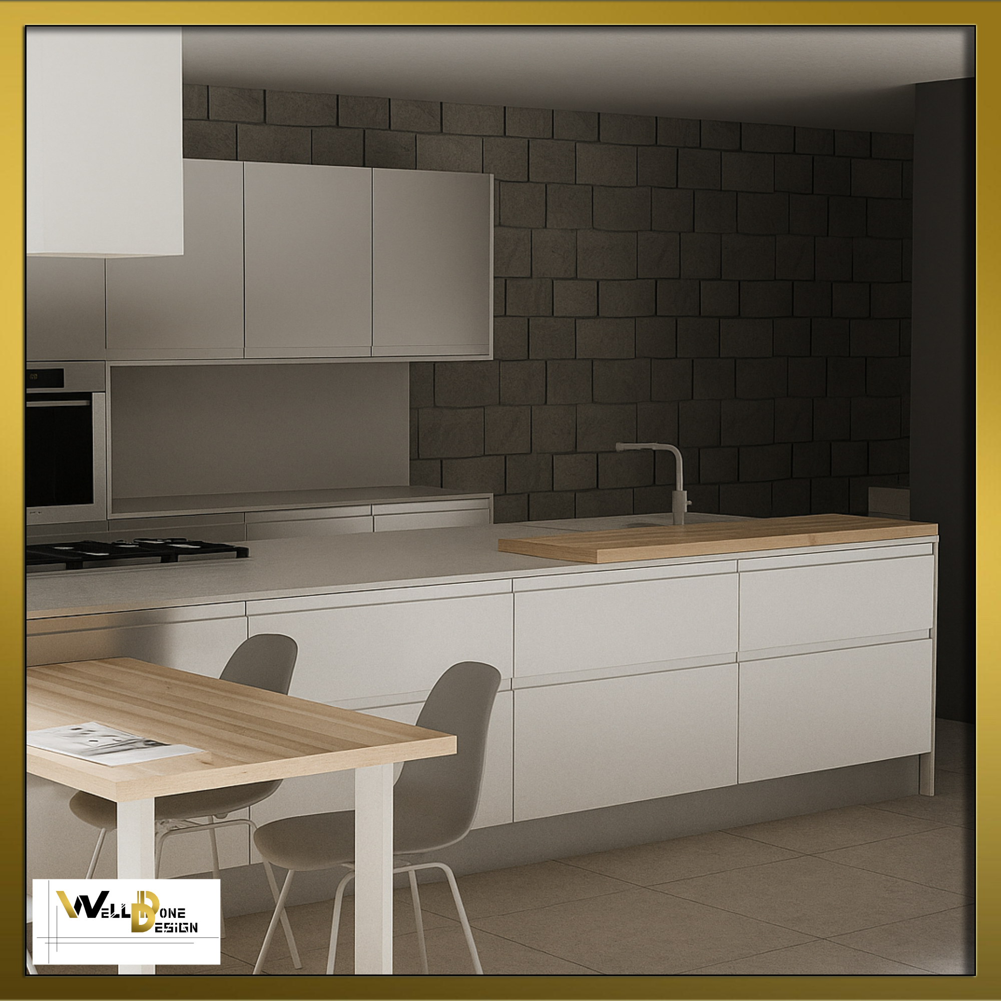 Concept 3D de cuisine ouverte moderne avec îlot central et briques noires – projet à Bordeaux et alentours par WellDoneDesign