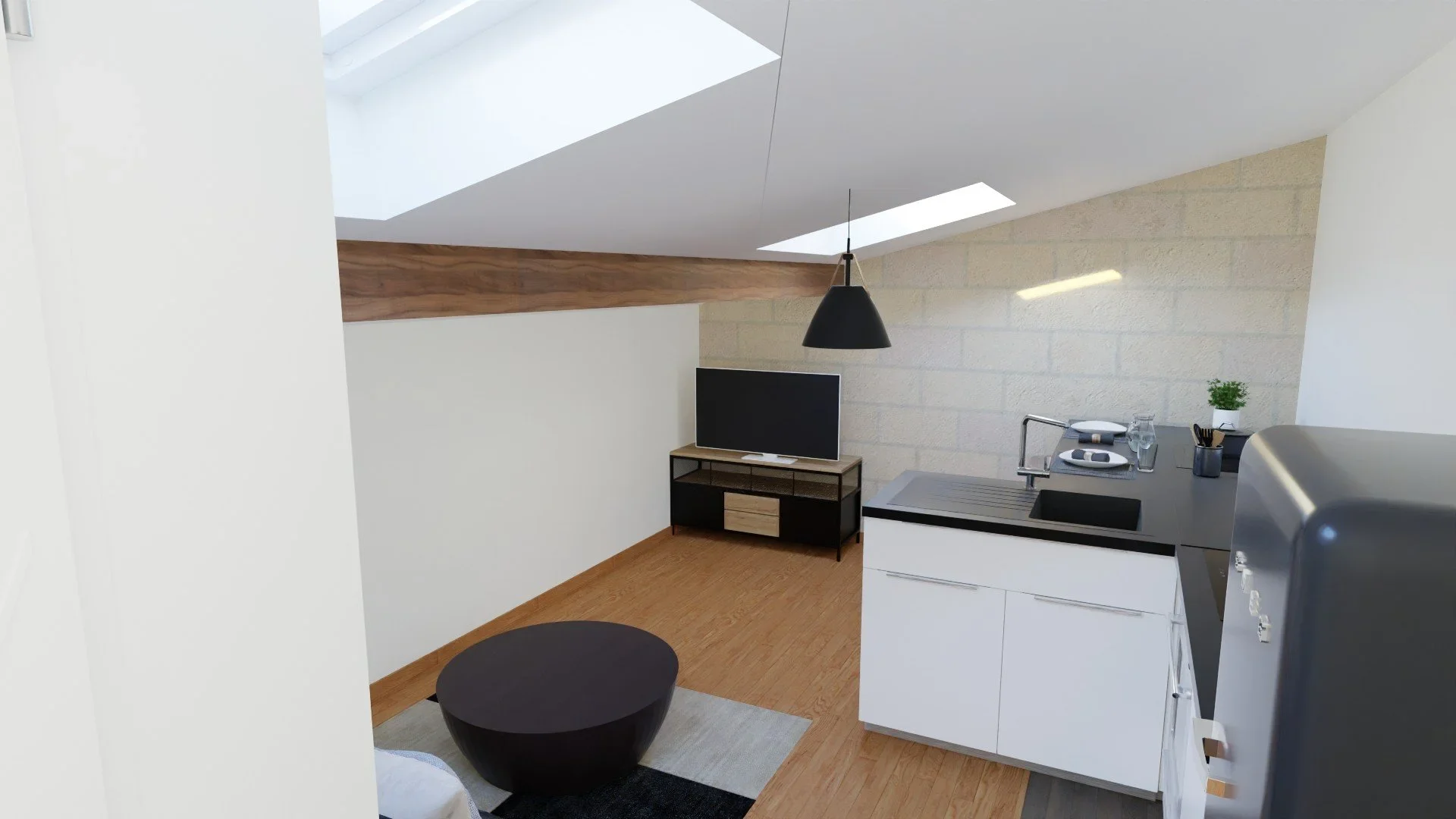 Rendu 3D appartement – pièce de vie et cuisine (ambiance moderne) - Lormont