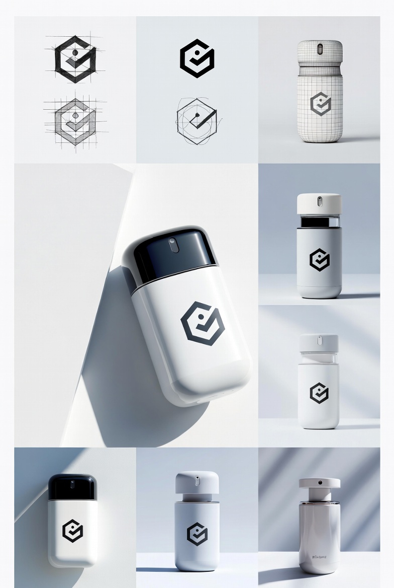 Processus complet design : esquisse logo hexagonal, modélisation 3D et rendus finaux produit à Mérignac, Bordeaux – Well Done Design