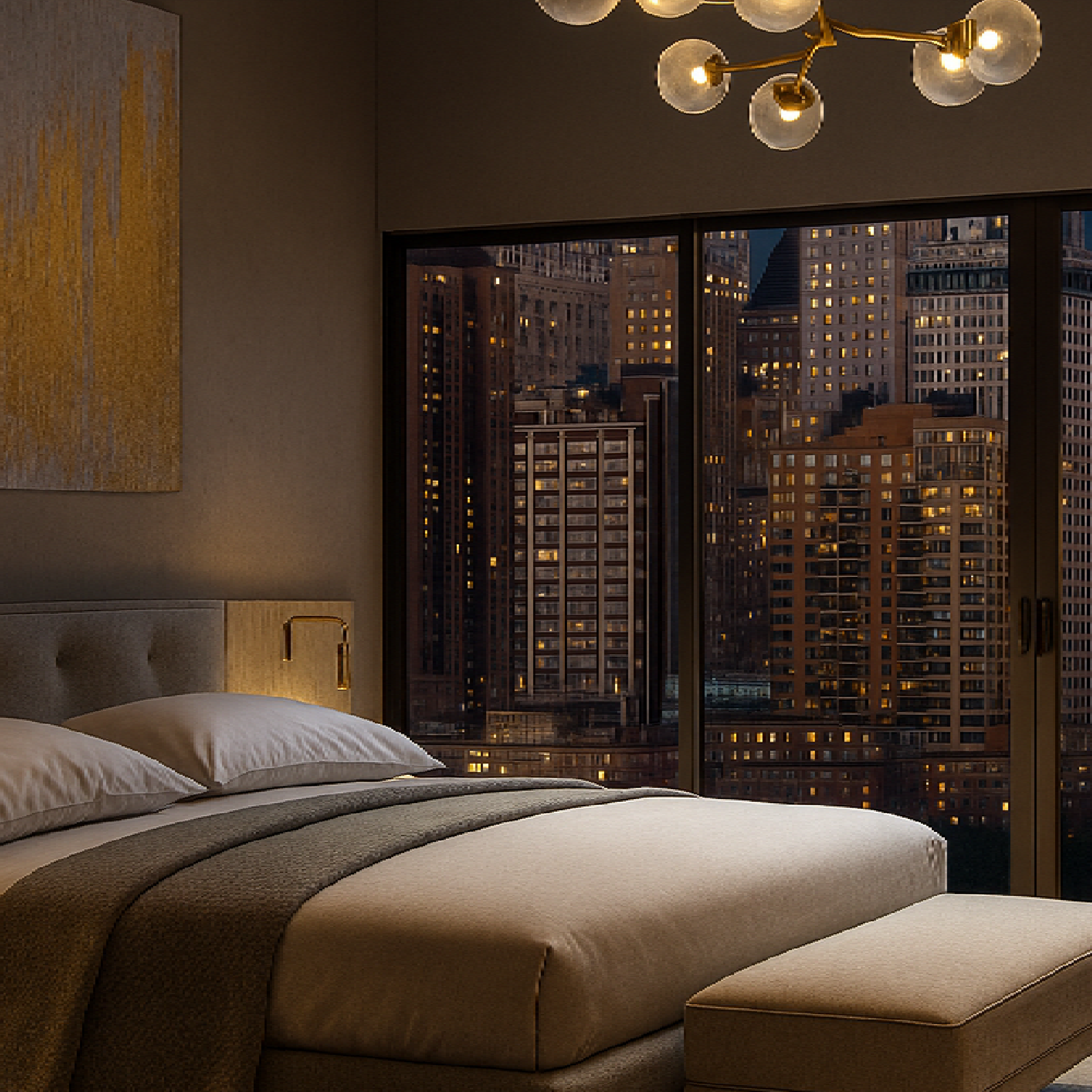 Rendu 3D chambre moderne – ambiance nocturne et éclairage