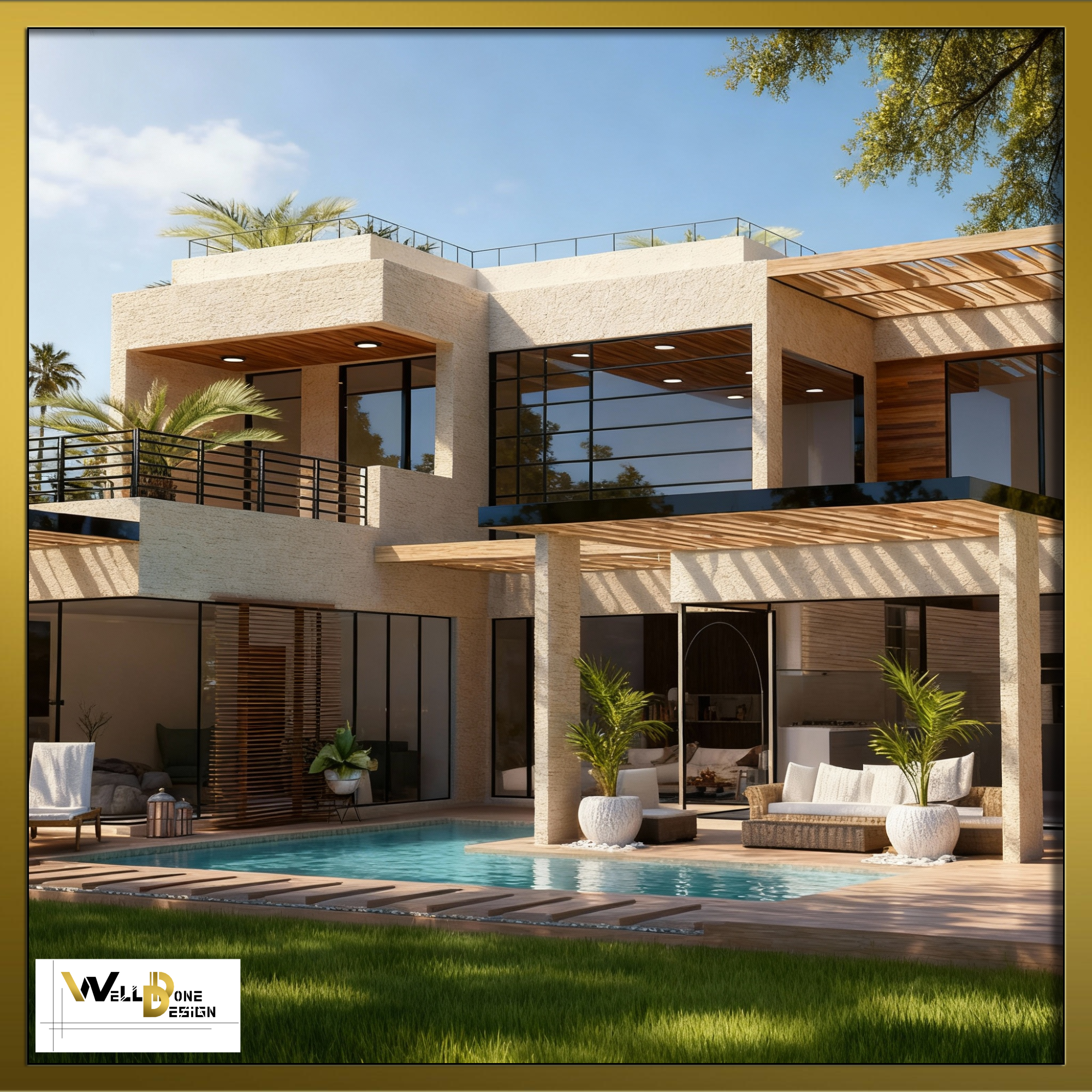 Concept 3D d'une villa contemporaine avec piscine miroir et terrasses – visualisation pour projet à Bordeaux et alentours par WellDoneDesign