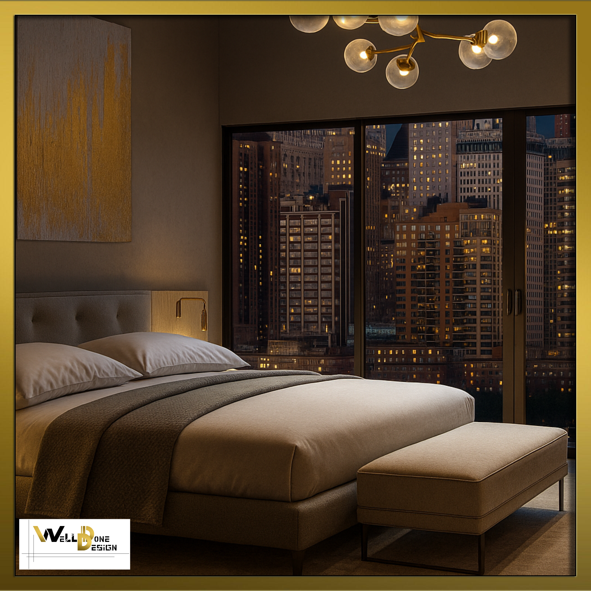 Concept 3D de chambre contemporaine avec vue skyline nocturne – ambiance intime à Bordeaux et alentours par WellDoneDesign