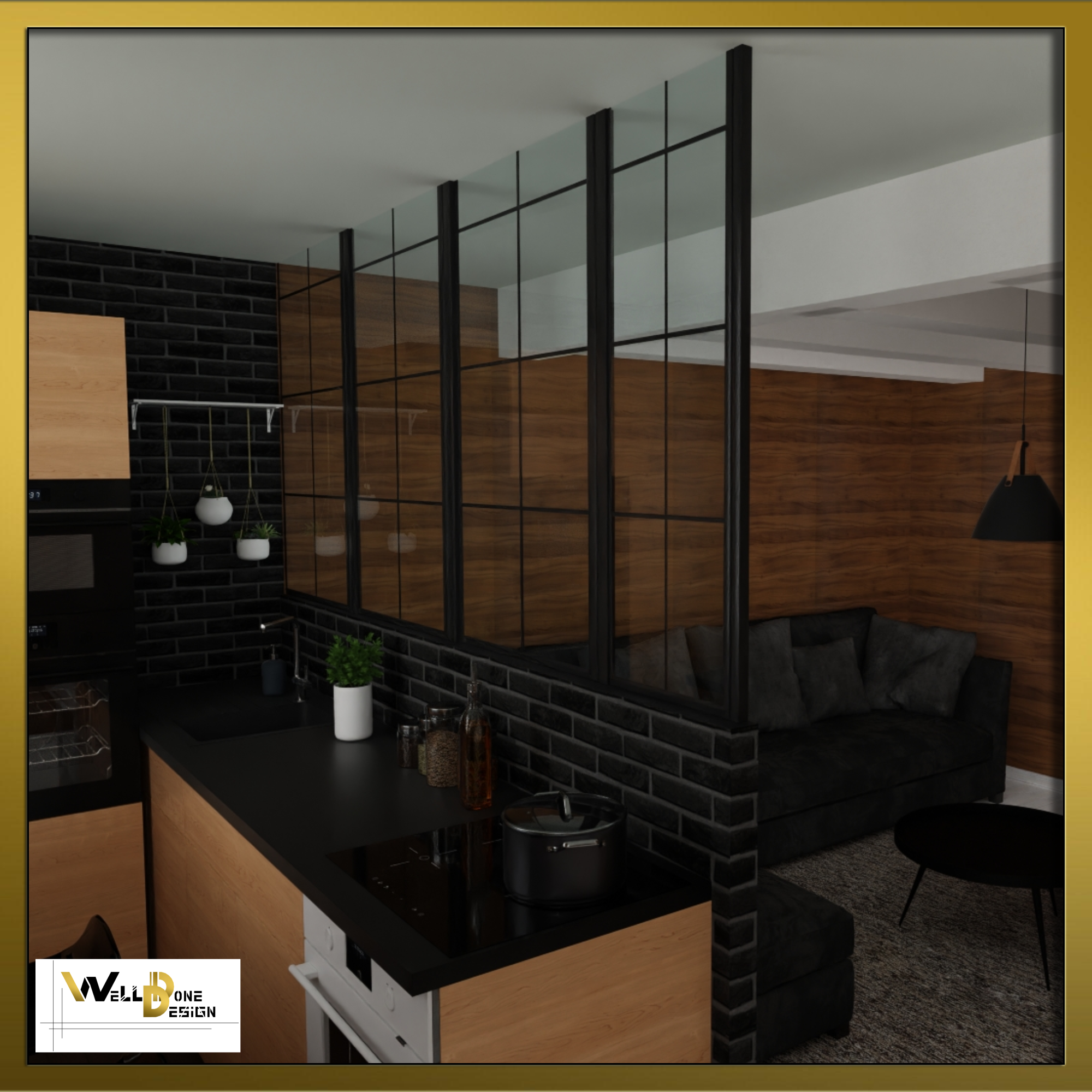 Rénovation réelle salon ouvert avec verrière atelier noire à Lormont (Bordeaux) : cuisine îlot, briques apparentes noires et bois clair chaleureux par WellDoneDesign