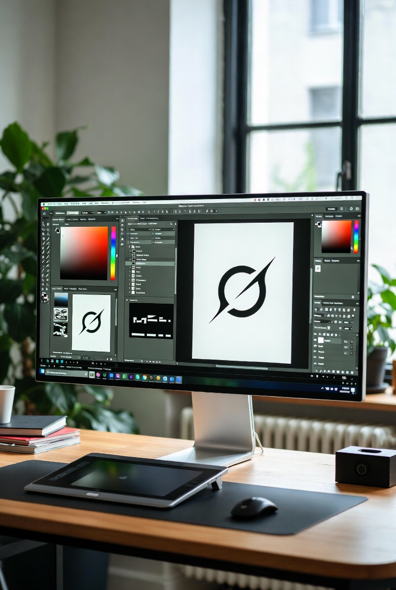 Un écran d'ordinateur affichant un logiciel de design graphique avec un logo stylisé noir sur fond blanc, une palette de couleurs, et divers outils de création, Mérignac, Bordeaux et Métropole - Well Done Design