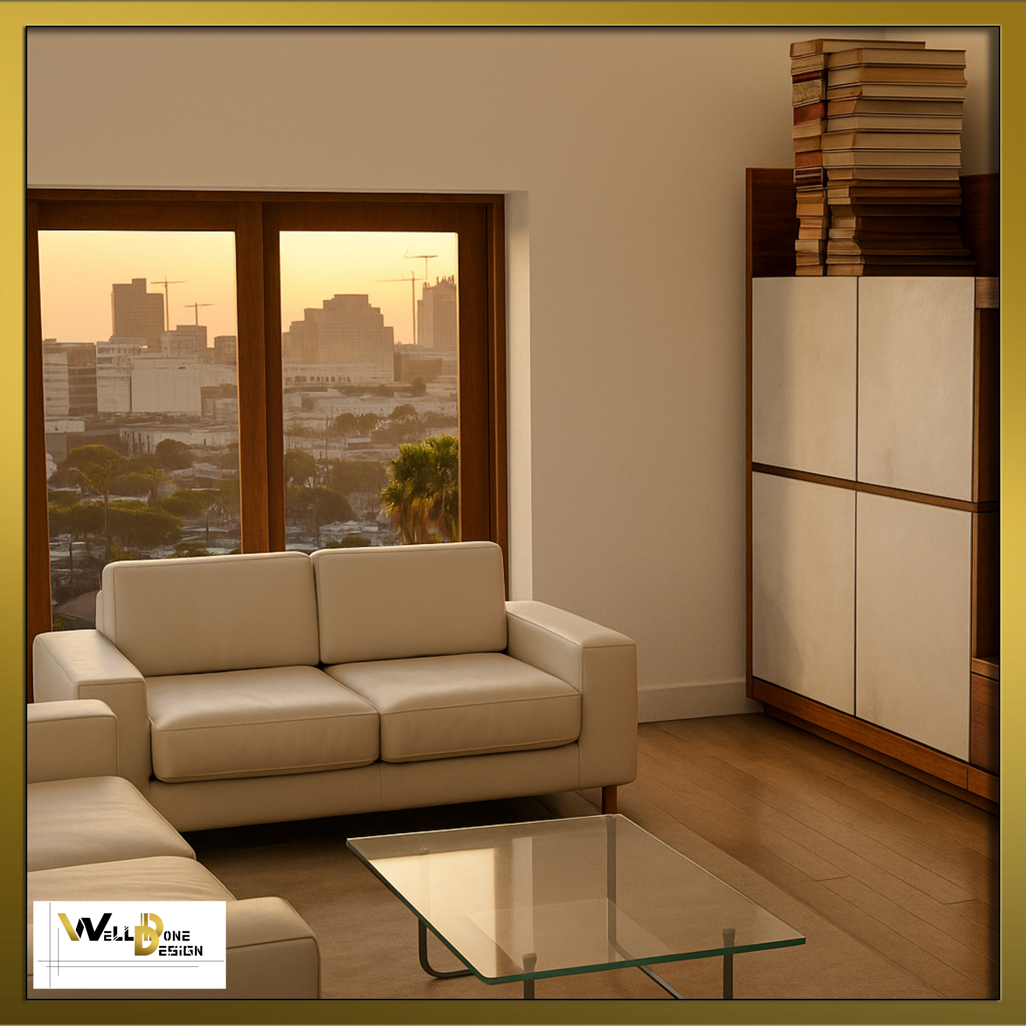 Concept 3D de salon minimaliste avec canapé beige et vue urbaine coucher de soleil – intérieur à Bordeaux et alentours par WellDoneDesign