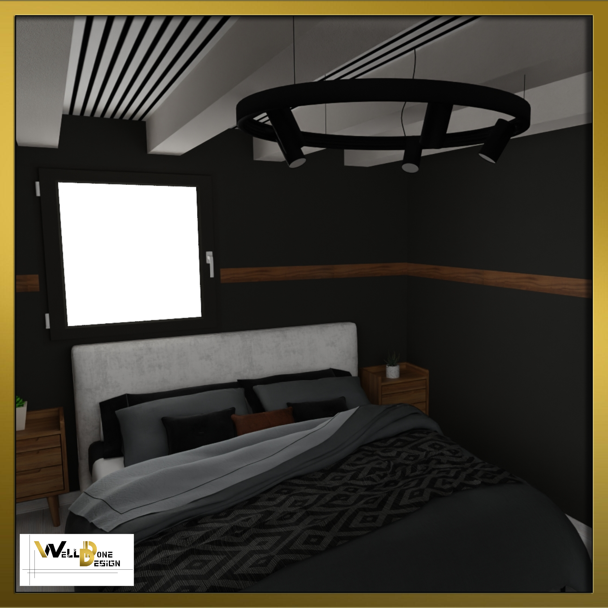 Rénovation réelle chambre à Lormont (Bordeaux) : murs noirs profonds et tête de lit blanche par WellDoneDesign