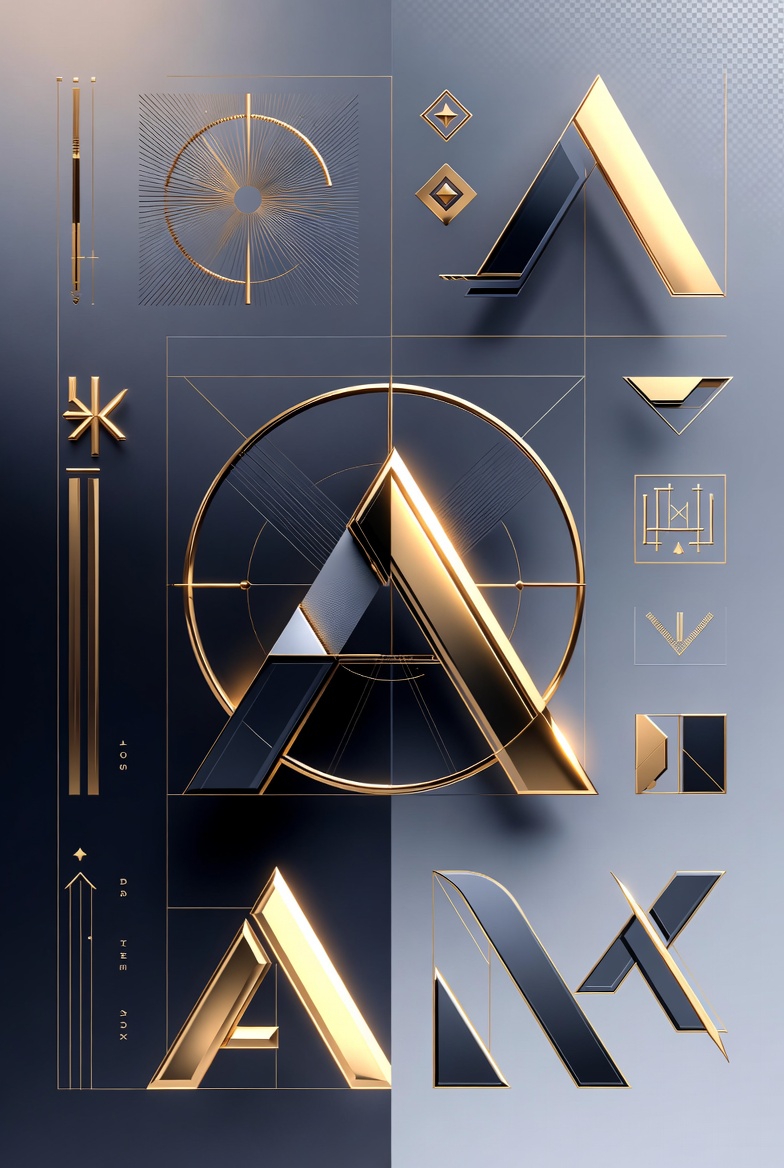 Design futuriste avec formes géométriques dorées (cercles, triangles, lignes stylisées) sur fond gris-bleu pour charte graphique ou logo – Well Done Design à Bordeaux, Mérignac