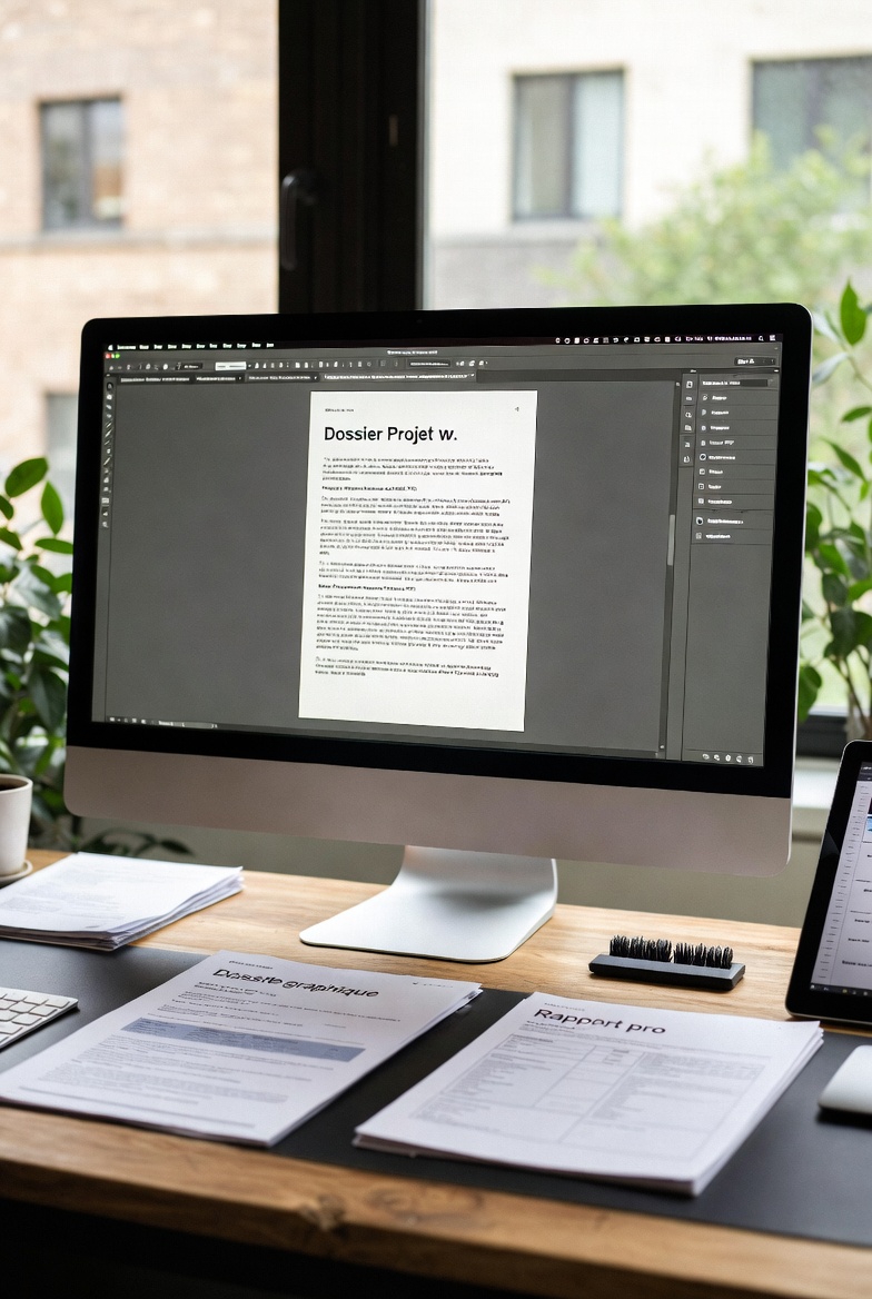 Écran ordinateur affichant dossier projet urbanisme avec documents papier sur bureau – Expertise gestion administrative Mérignac, Bordeaux – Well Done Design