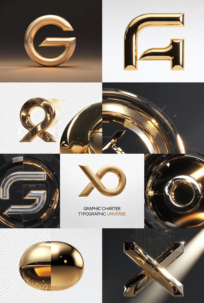 Gamme de lettres et modèles 3D en or et métal avec designs modernes futuristes pour création logo – Well Done Design Mérignac, Bordeaux Métropole