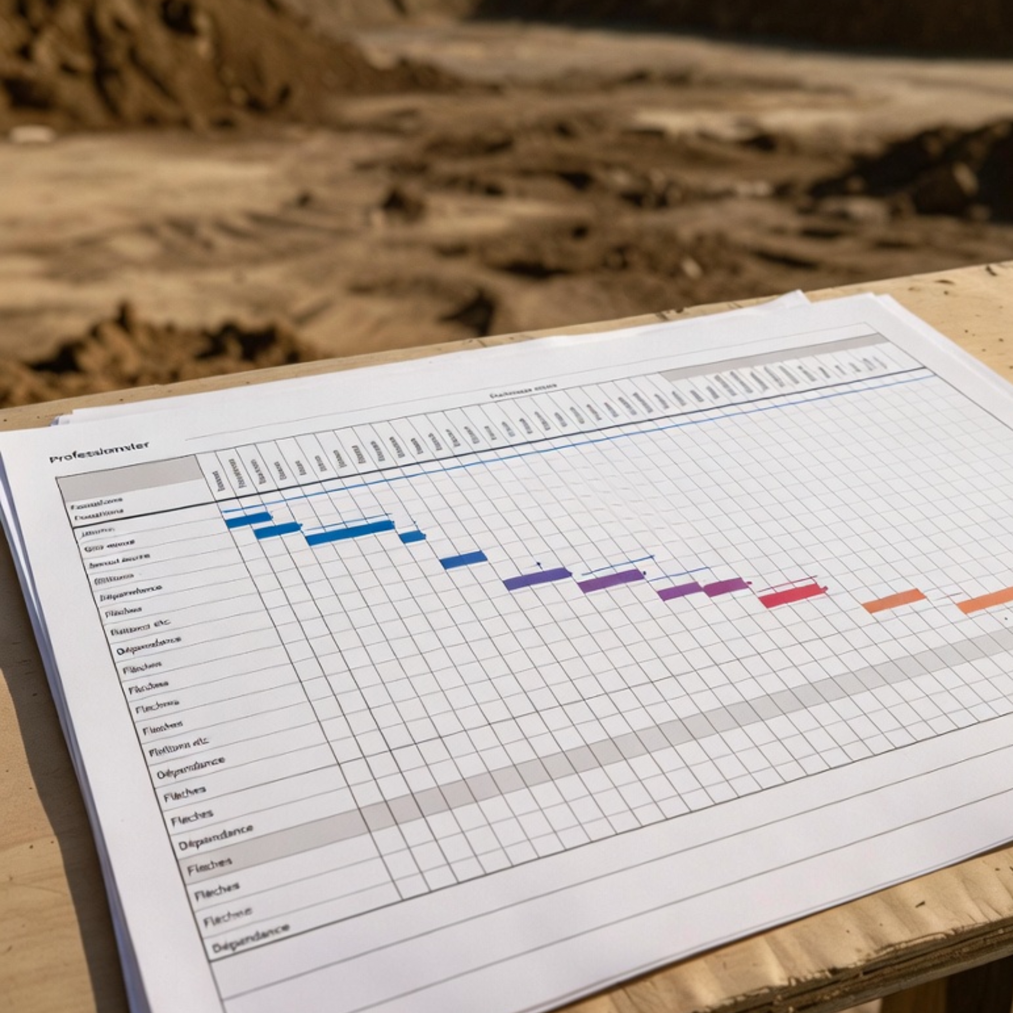 Planning de chantier ou travaux construction avec colonnes colorées et lignes détaillées sur table – Gestion projet immobilier à Bordeaux, Mérignac – Well Done Design