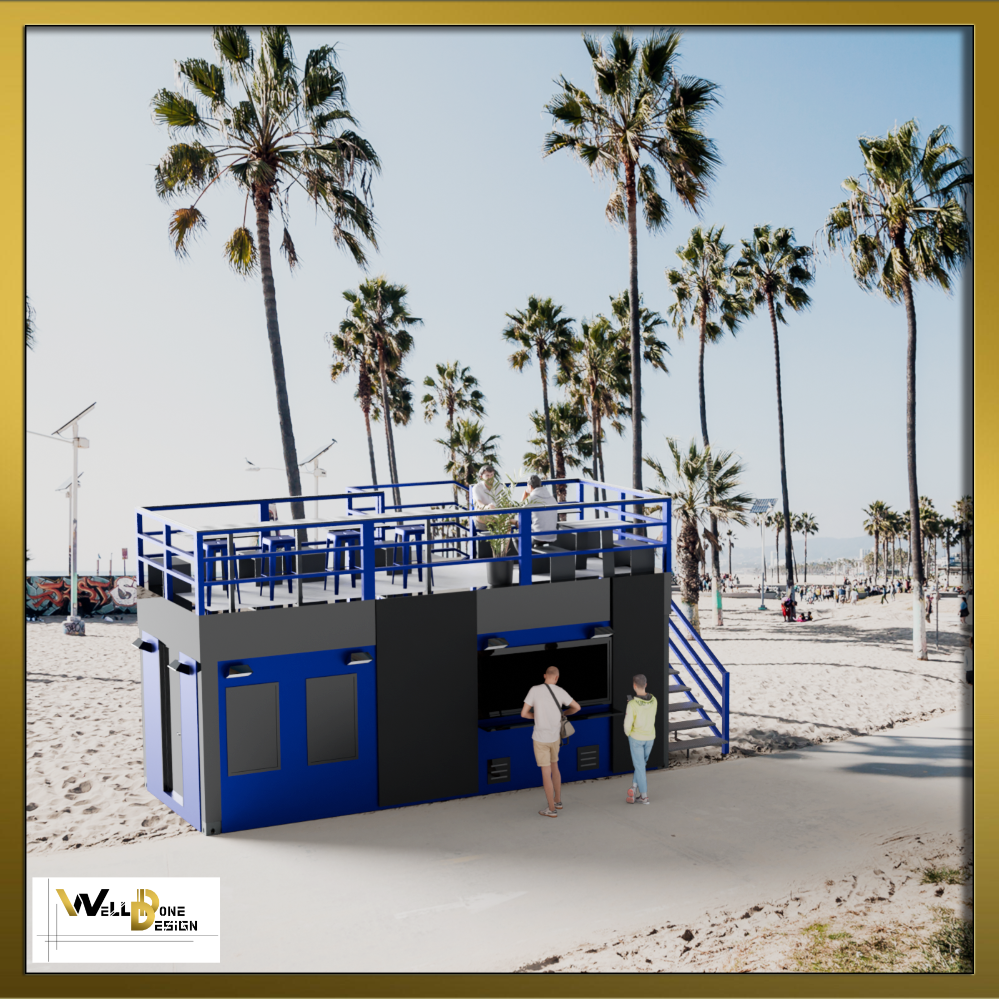 Concept 3D d'espace fitness modulaire sur plage avec palmiers – visualisation pour projet événementiel à Bordeaux et alentours par WellDoneDesign