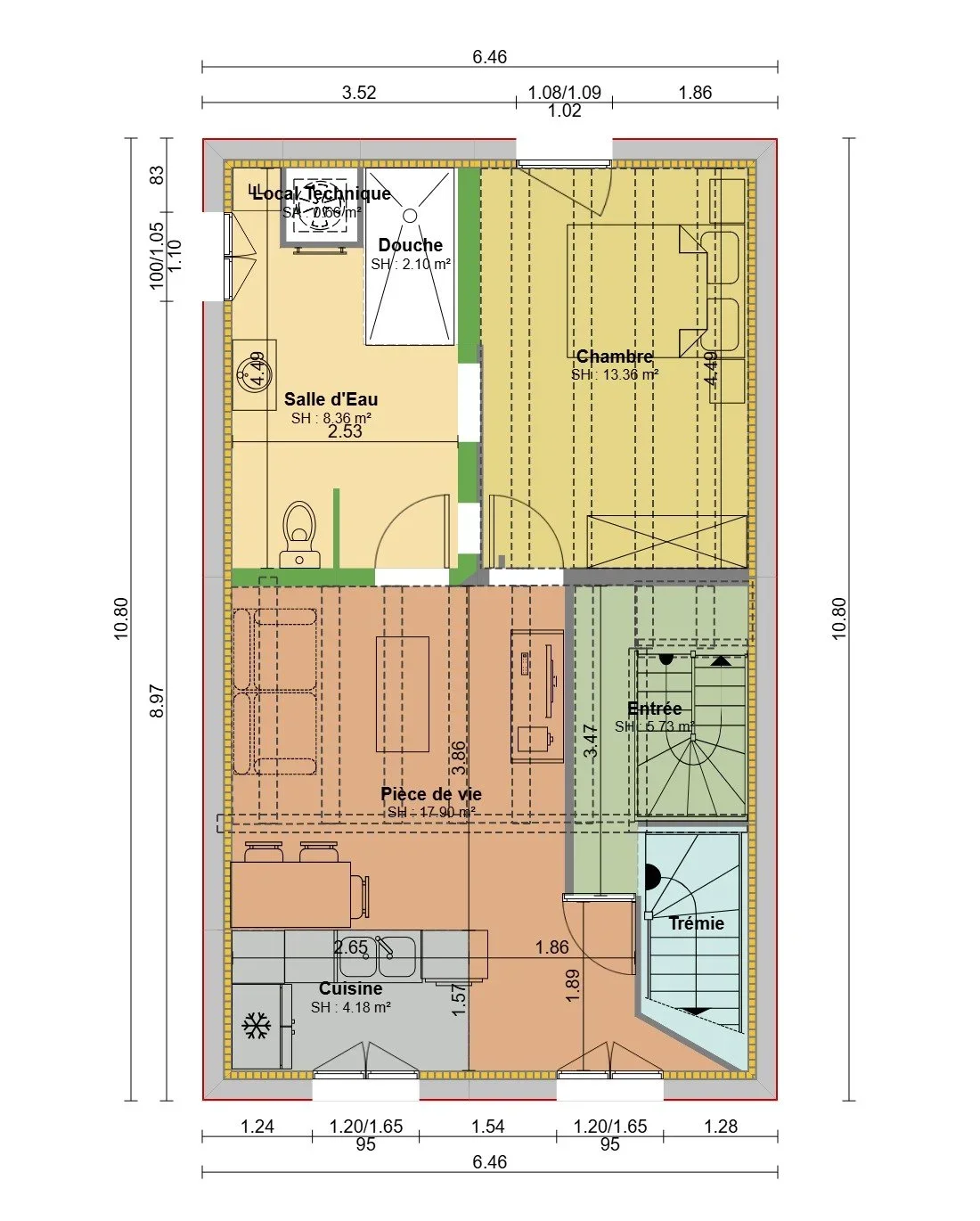 Plan 2D coté de maison – pièces et dimensions (mètres)