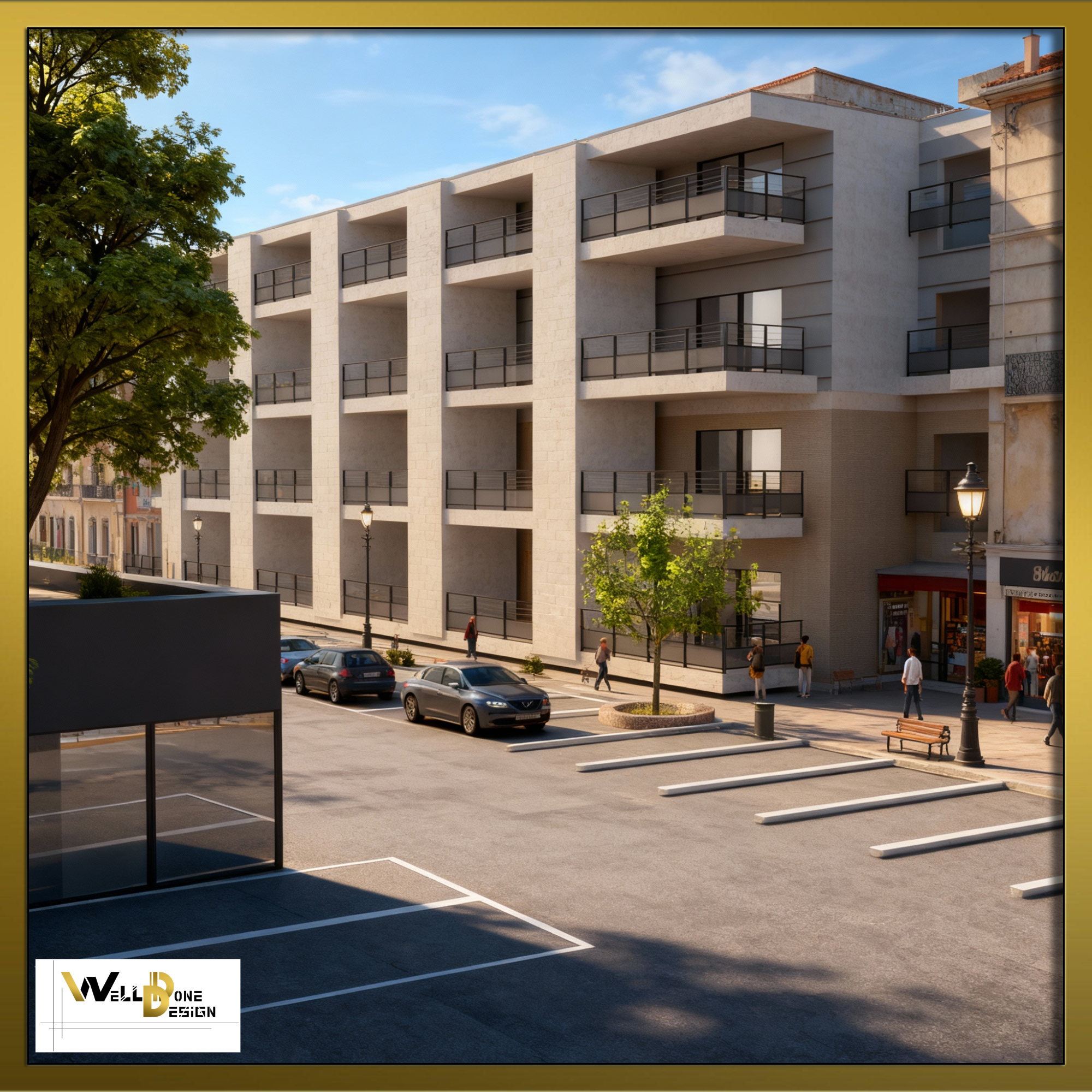 Concept 3D d'immeuble résidentiel minimaliste blanc avec balcons – projet immobilier à Bordeaux et alentours par WellDoneDesign