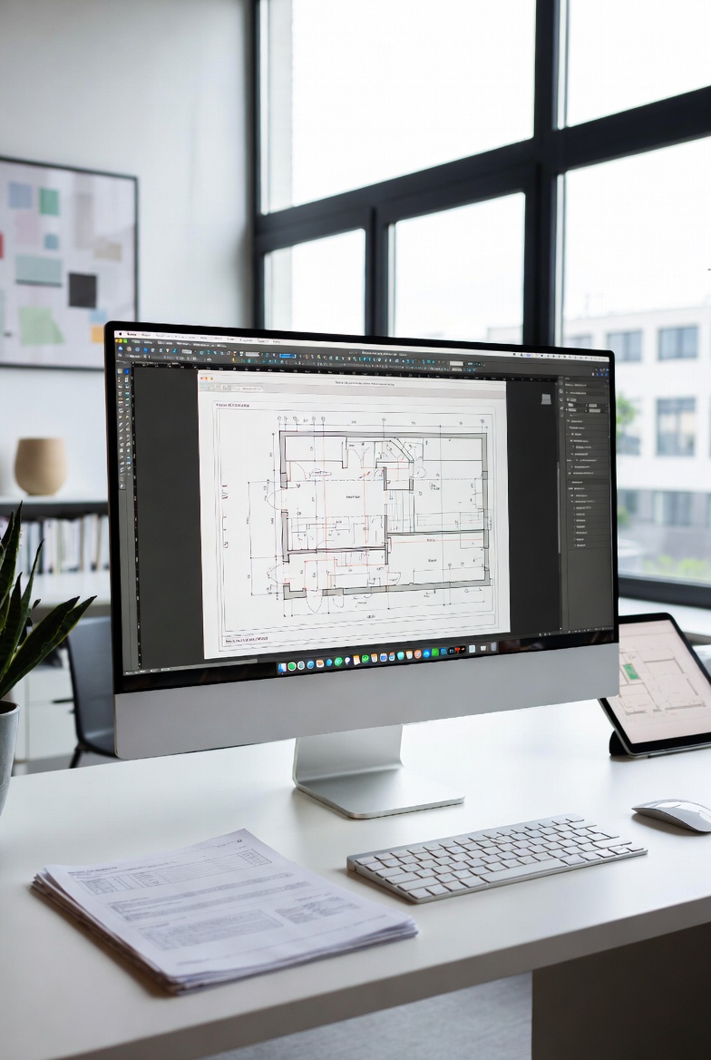 Plan de construction ou architecture détaillé affiché sur écran ordinateur dans bureau lumineux – Expertise plans cotés Well Done Design à Mérignac, Bordeaux