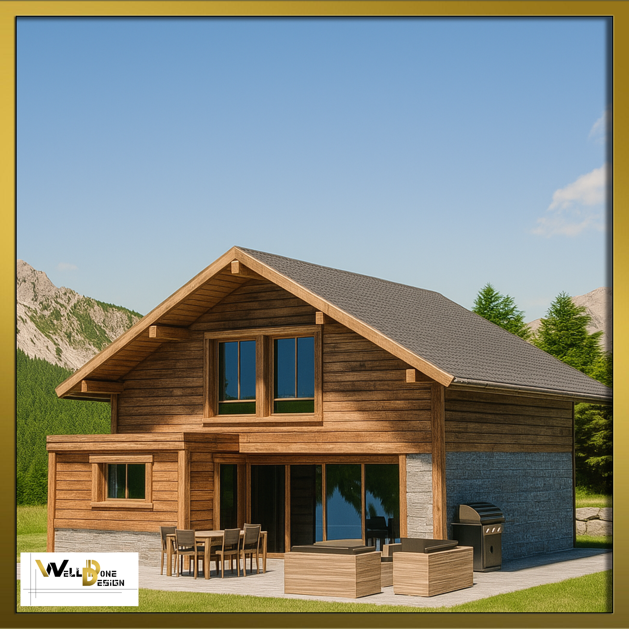 Concept 3D de chalet alpin en bois avec terrasse – visualisation pour projet à Bordeaux et Nouvelle-Aquitaine par WellDoneDesign