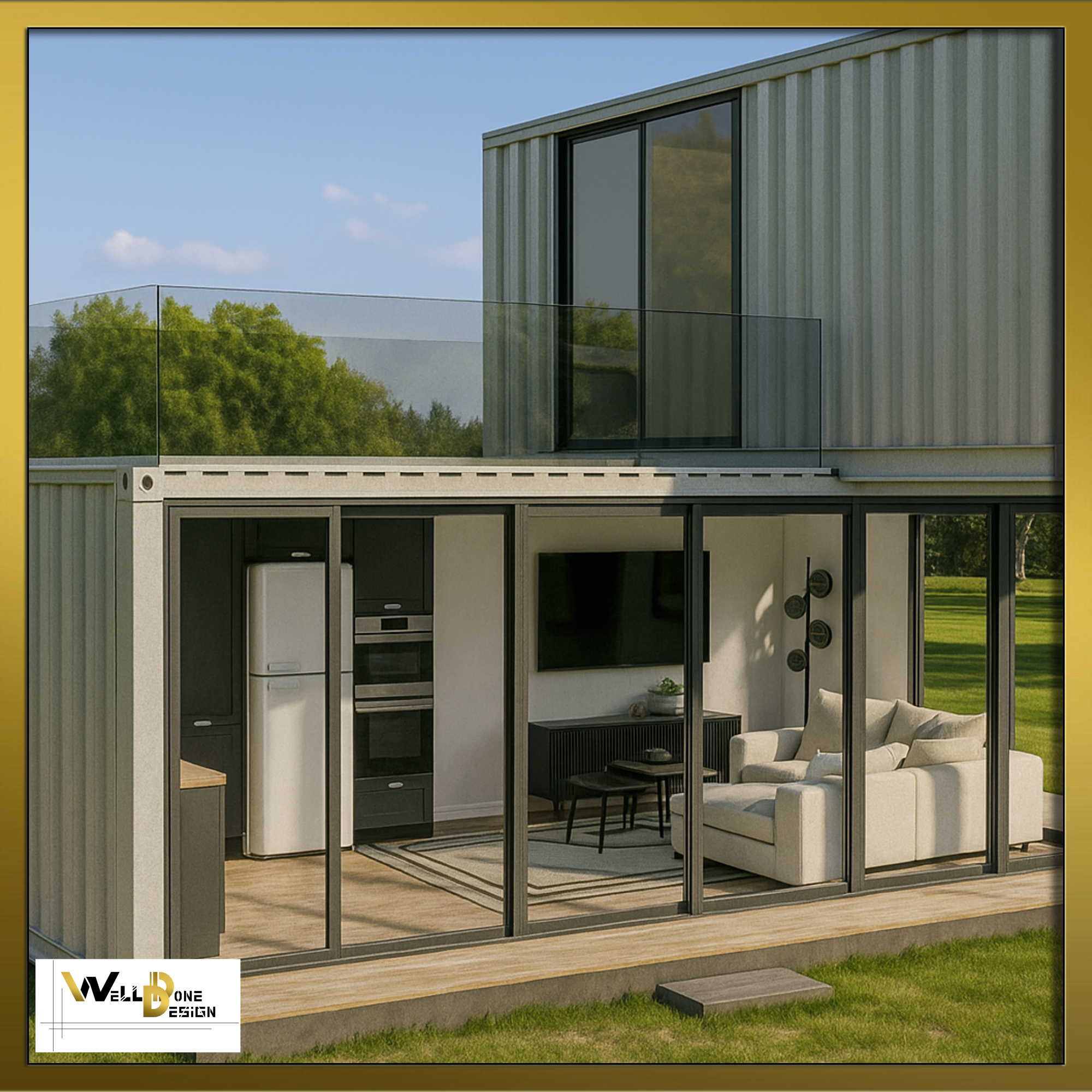 Concept 3D de maison container moderne avec baies vitrées ouvertes, cuisine équipée, salon cosy et terrasse bois – visualisation pour projet à Bordeaux et alentours par WellDoneDesign