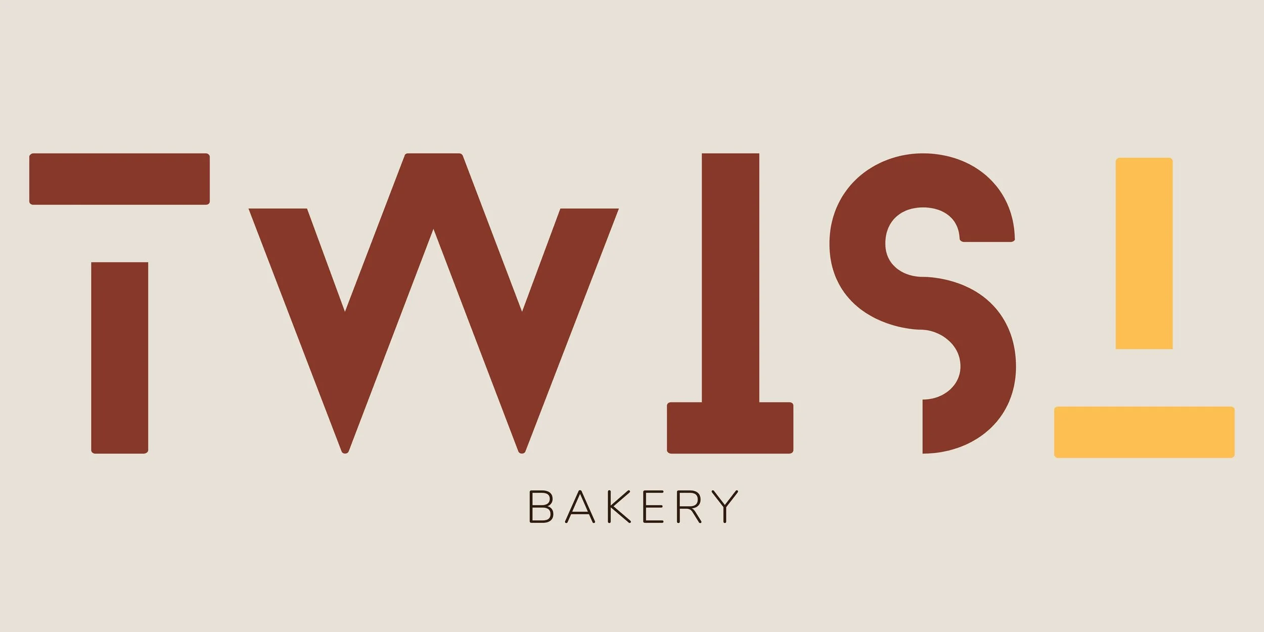 Logo for Twist Bakery with stylized words 'Twist' in large, brown letters and 'Bakery' in smaller, black letters below, set against a beige background.