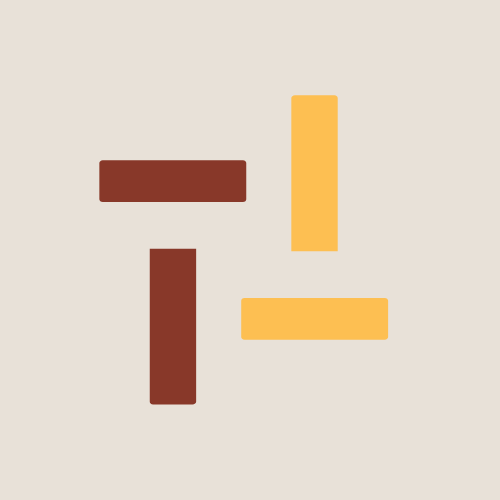 Abstract geometric design with four rectangular bars in brown and yellow on a beige background.